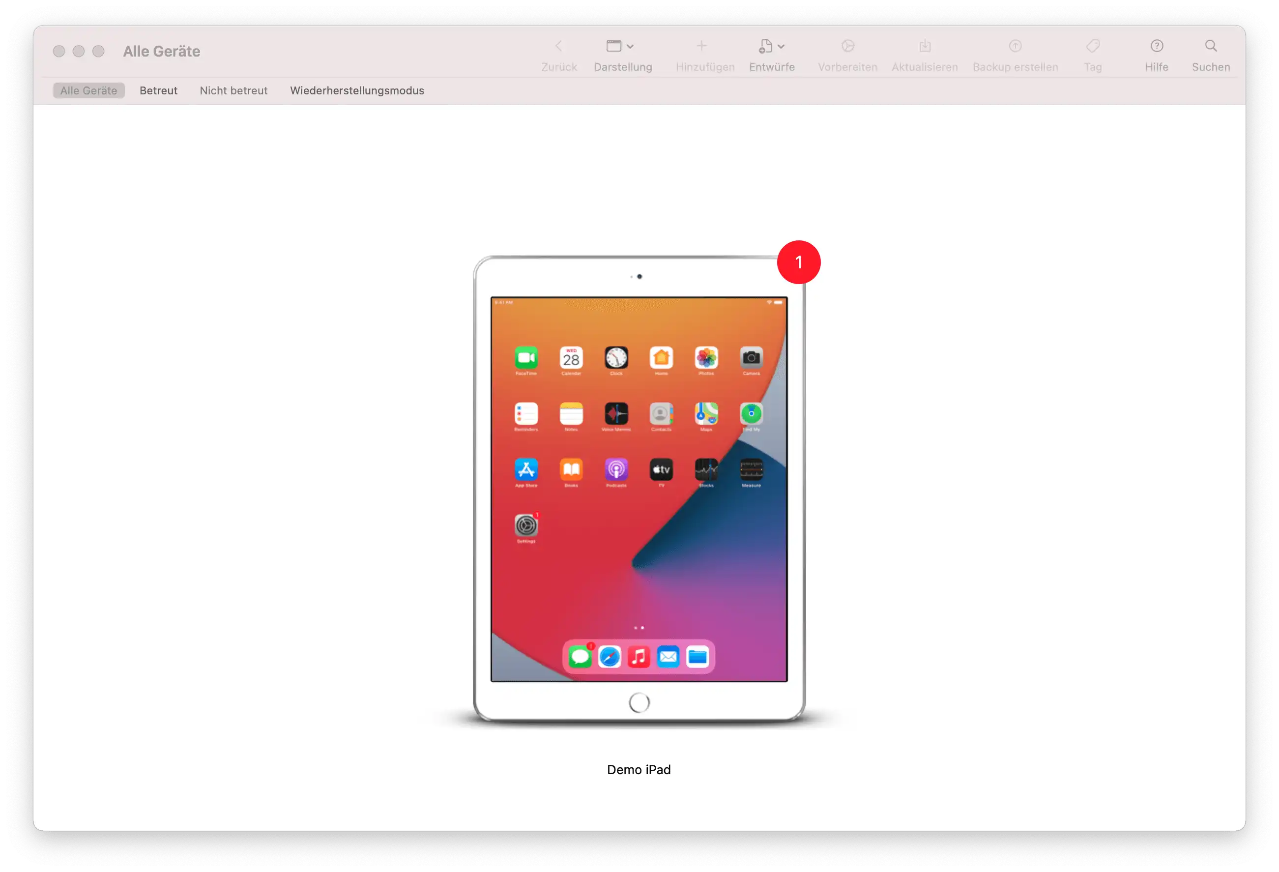 Darstellung des Bereichs „Alle Geräte“ im Apple Configurator 2 mit der Option, ein iPad nachträglich über „Vorbereiten…“ hinzuzufügen