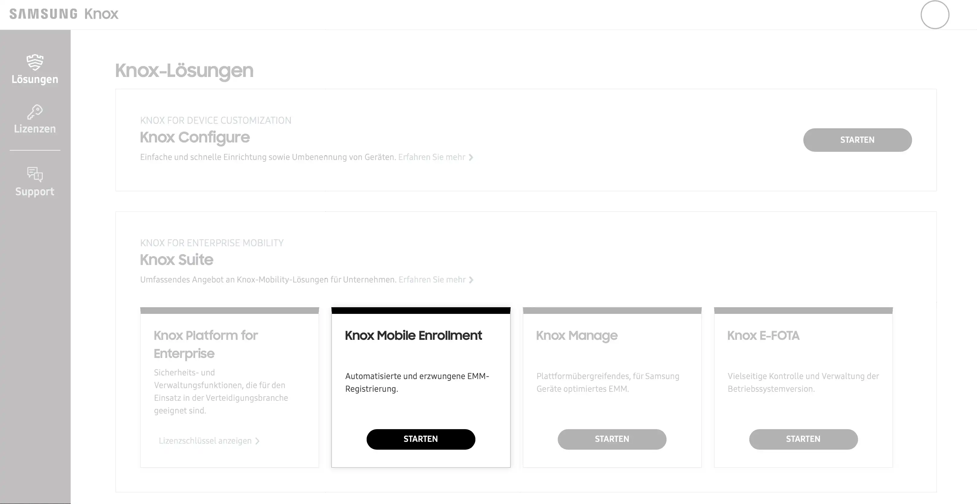 Konfigurationsübersicht im Samsung Knox Portal mit der Auswahl des Moduls Knox Mobile Enrollment für die Geräteeinschreibung