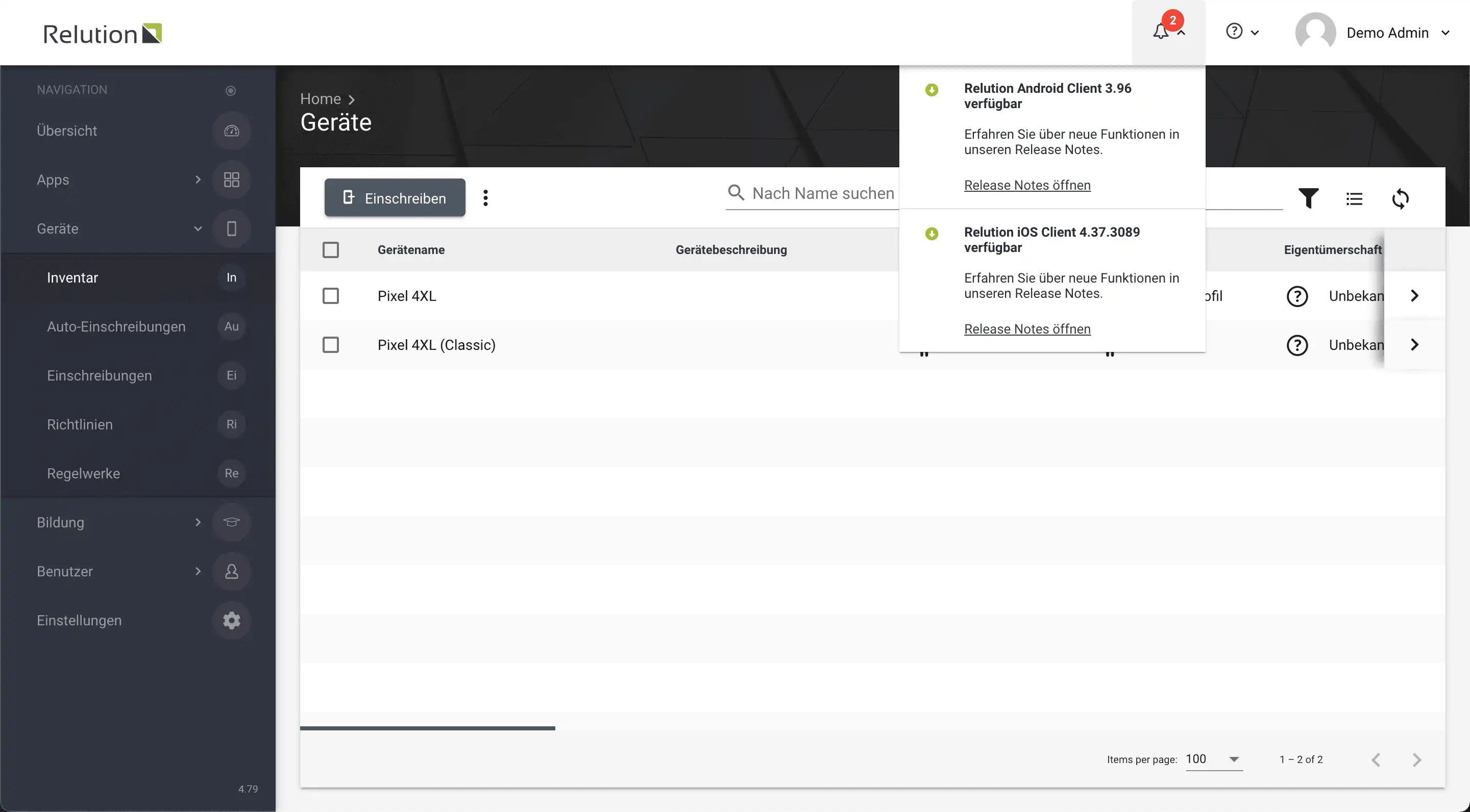 Benachrichtigung im Relution Portal über neue Client-Versionen für iOS und Android mit Link zu Release Notes
