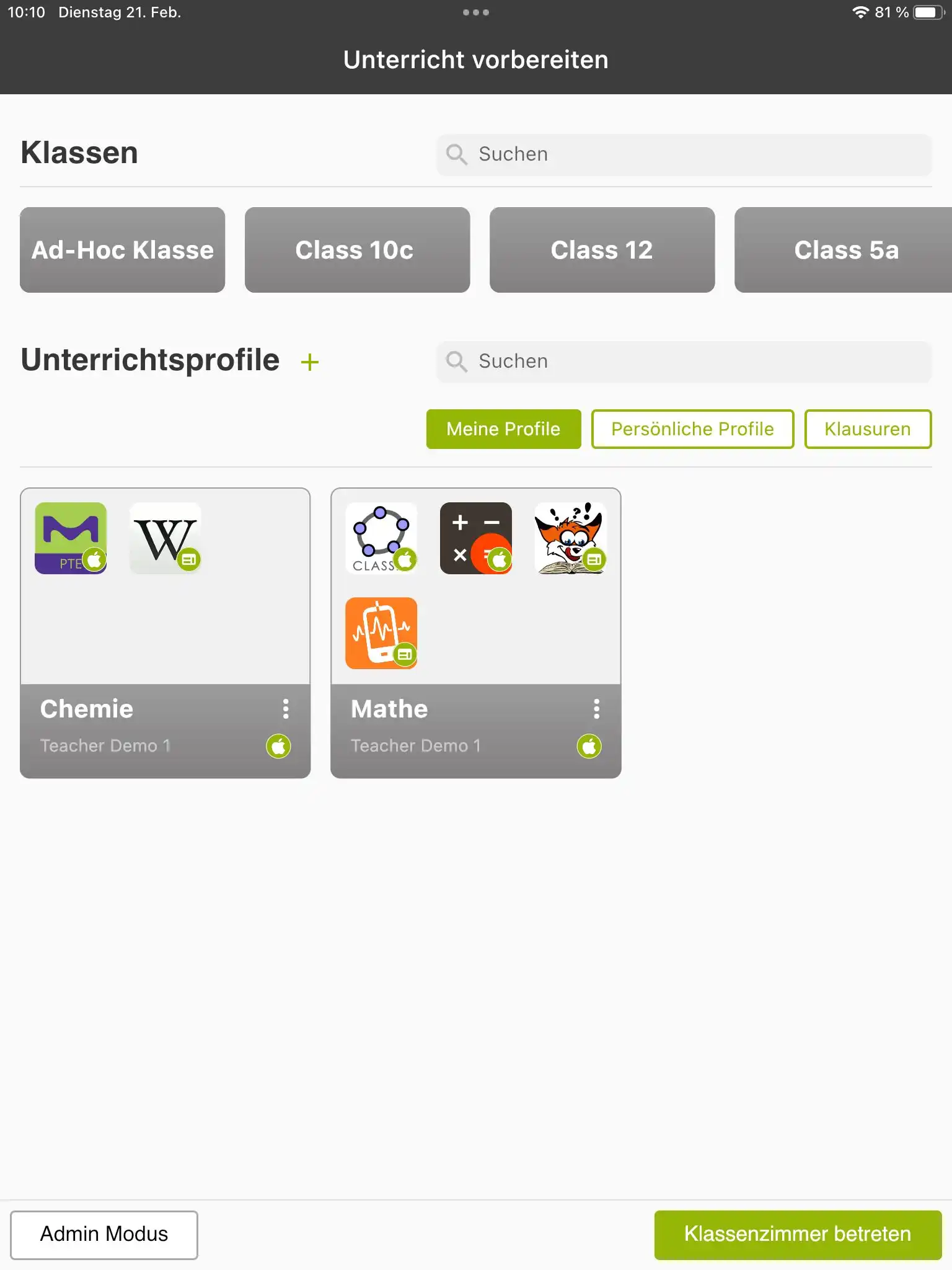 Ansicht der Relution Teacher App mit Optionen wie „Unterricht vorbereiten“, „Klassen“, „Unterrichtsprofile“ und „Klassenzimmer betreten“