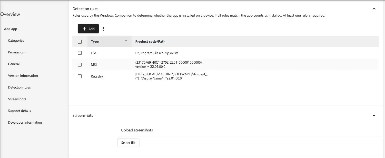 Lista de tres reglas de detección en Relution con los tipos « Archivo », « MSI » y « Registro », dispuesta para proporcionar una identificación clara con códigos de producto o rutas correspondientes