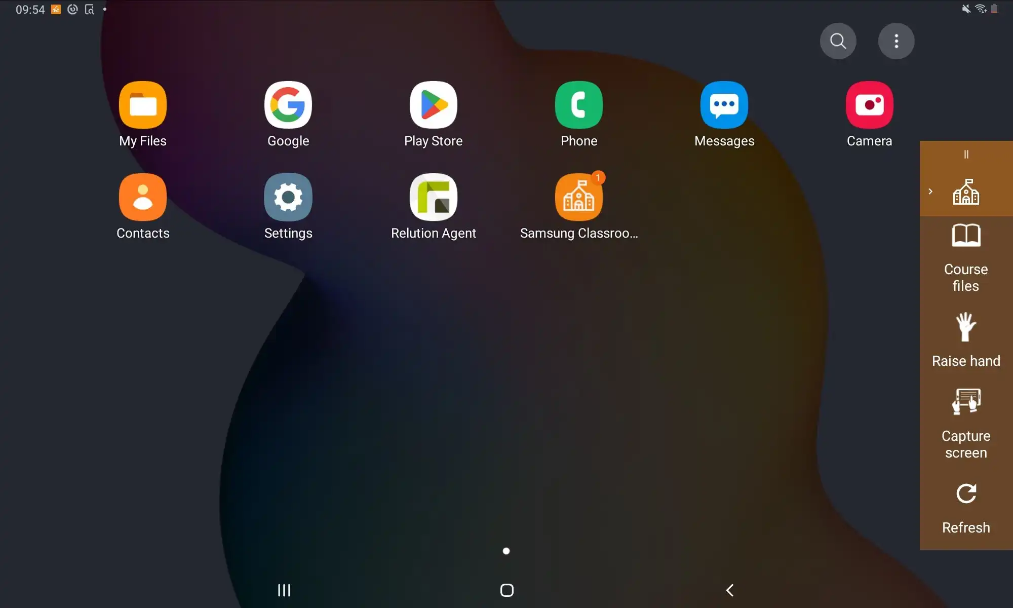 Barra de menú en los dispositivos de los estudiantes con las funciones de la aplicación Samsung Classroom Management, que se puede minimizar y expandir usando el ícono del edificio escolar
