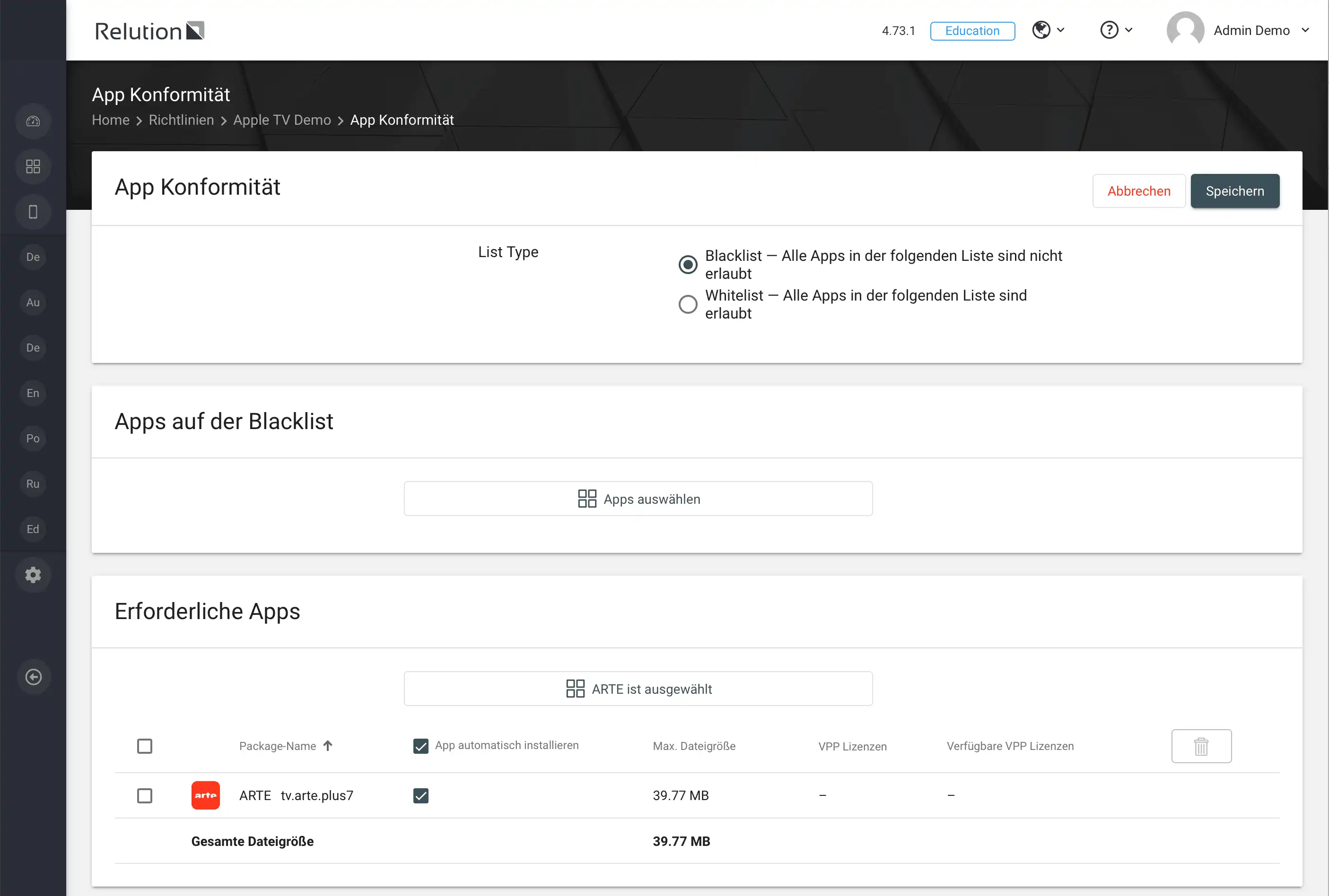 Konfiguration „App Konformität“ in Relution zur Verteilung von öffentlichen Apps mit VPP Lizenzen und nativen Apps aus dem Relution App Store auf tvOS-Geräte