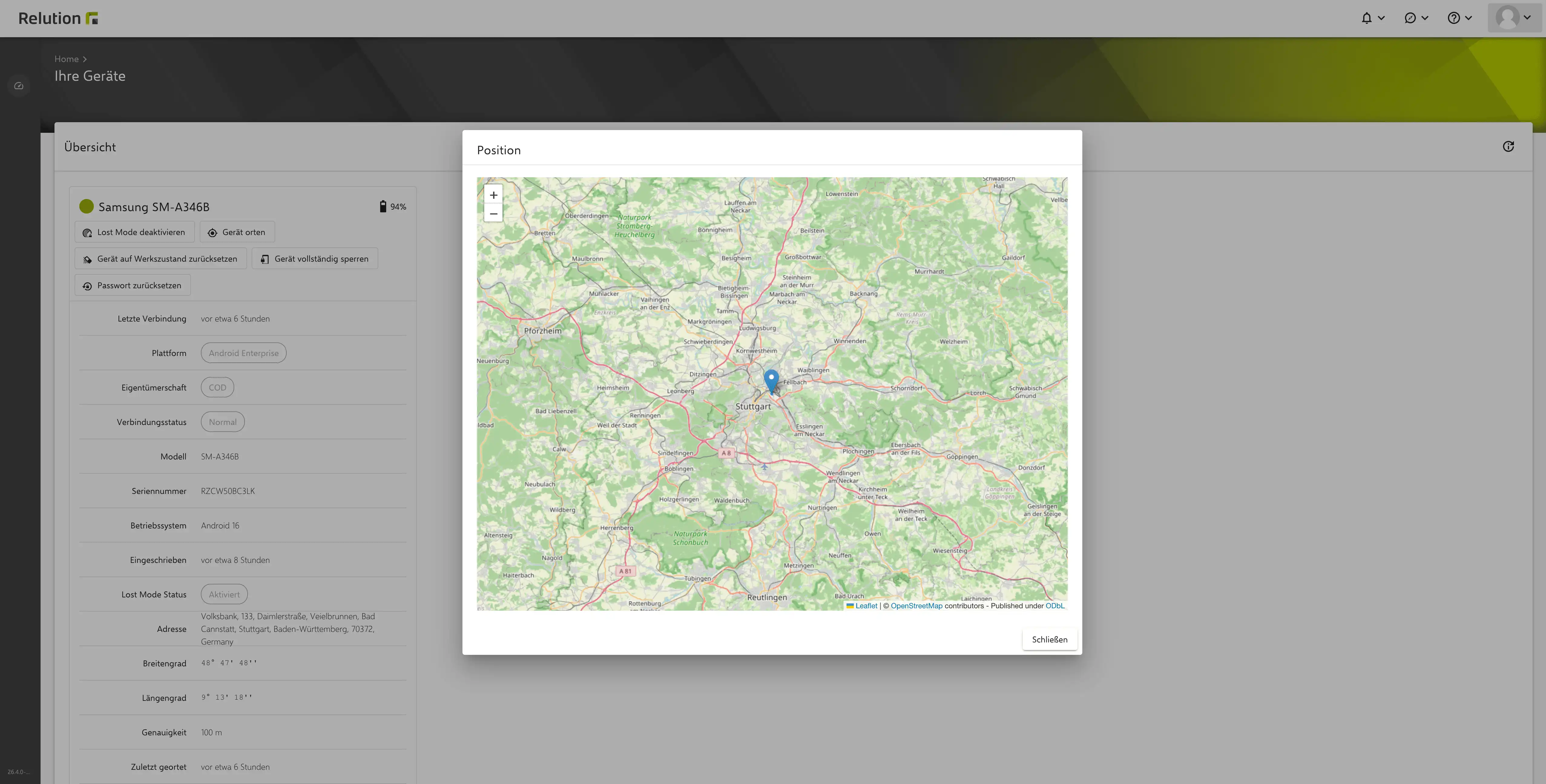 Auf diesem Bild ist die Google-Maps-Karte sichtbar. Diese zeigt an, wo sich das Gerät aktuell befindet.