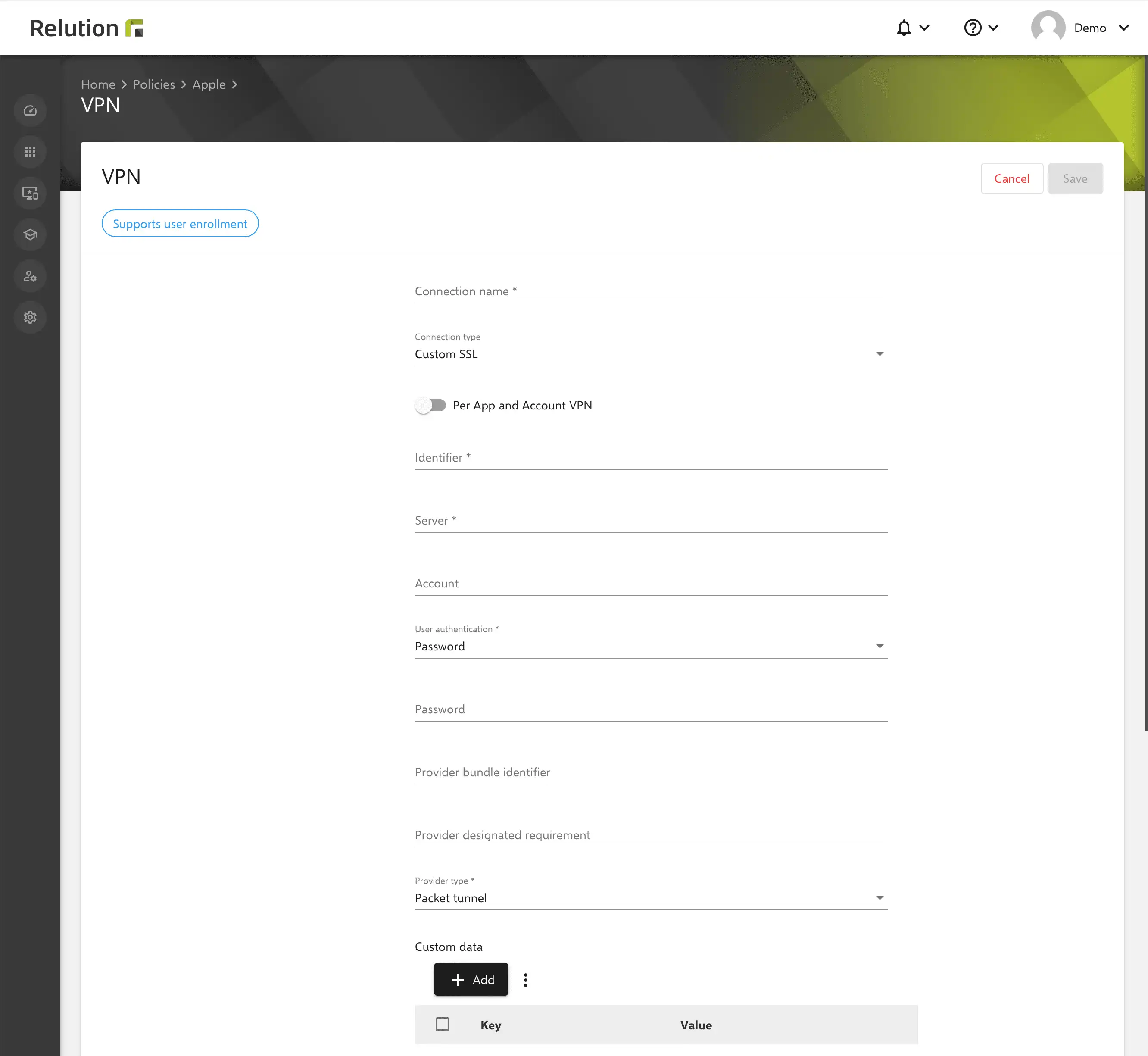 Vista di configurazione in Relution per impostare il tipo « SSL personalizzato » per abilitare le connessioni OpenVPN su dispositivi iOS e macOS gestiti