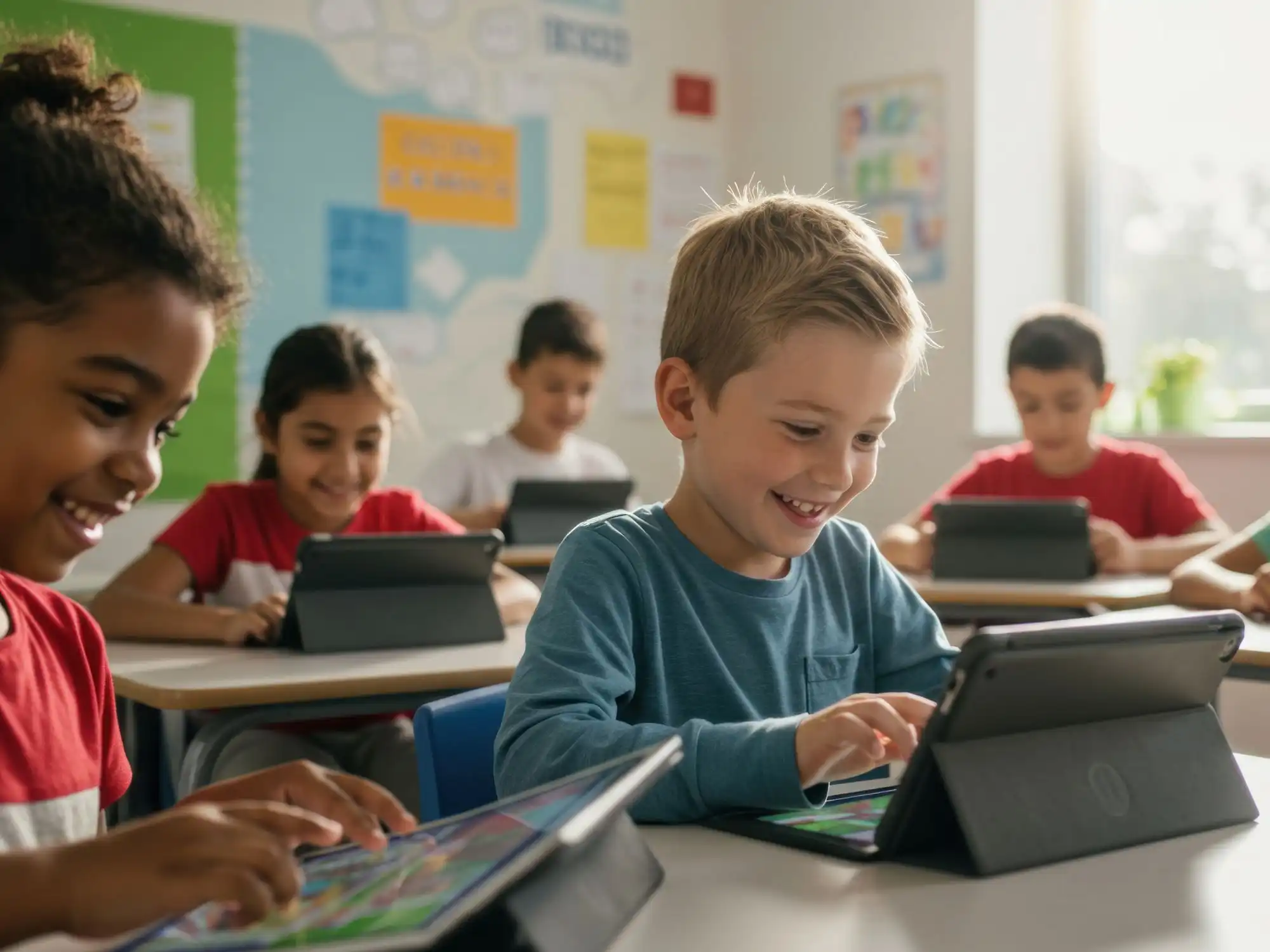 Mehrere lachende Kinder sitzen in einem hellen Klassenzimmer an Tischen und nutzen Tablets