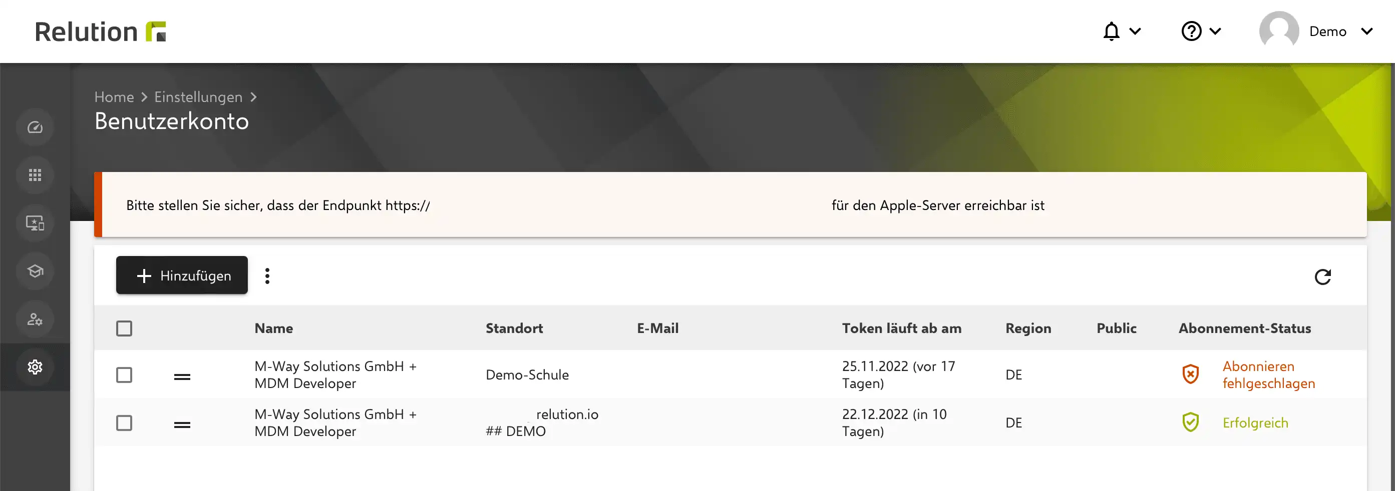 Automatische Initialisierung von VPP-Tokens mit Status „Abonnieren fehlgeschlagen“ im Relution Portal