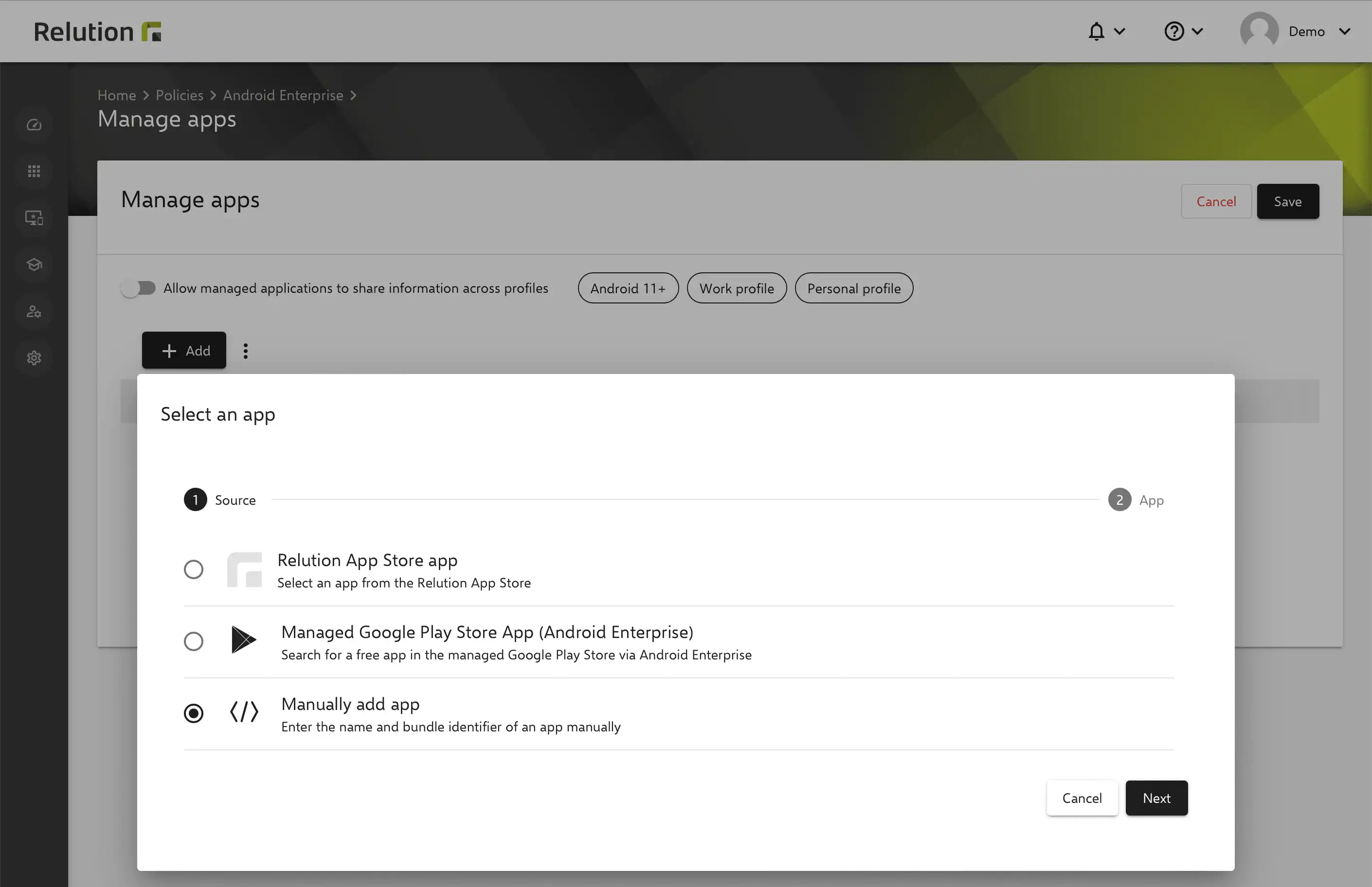 Vista della configurazione di Relution « Gestisci app » per aggiungere manualmente app di sistema sui dispositivi Android Enterprise, incluso il supporto per la « Modalità kiosk »