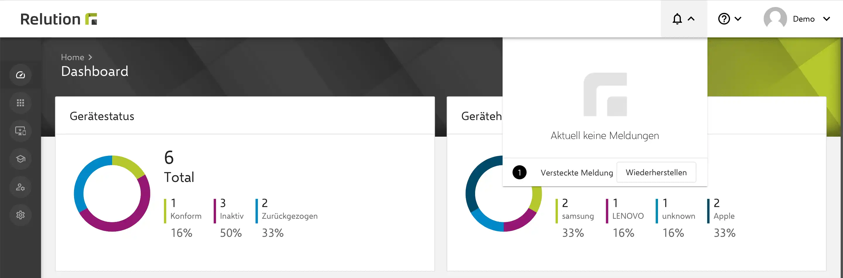 Meldungen im Notification-Center von Relution mit der Möglichkeit, ausgeblendete Benachrichtigungen über die Wiederherstell-Schaltfläche erneut einzublenden