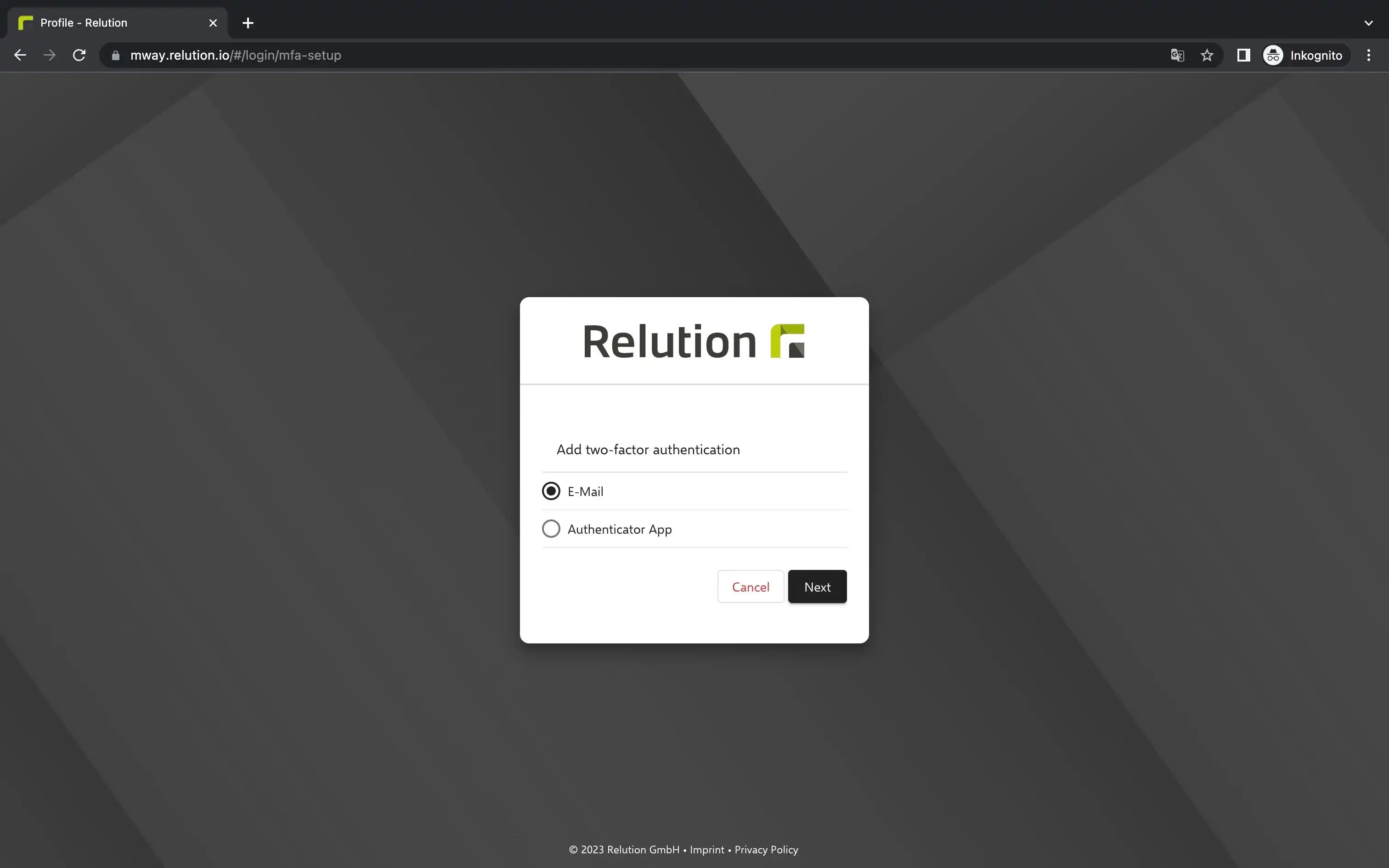 Prompt for setting up Multi-Factor Authentication in Relution during a user's first login