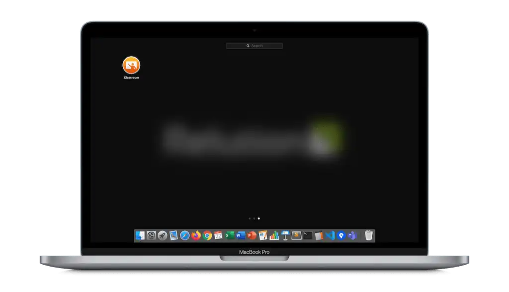 Pantalla de MacBook Pro con la aplicación Apple Classroom abierta, que se puede usar para controlar las tabletas de los estudiantes después de aplicar la política al dispositivo macOS
