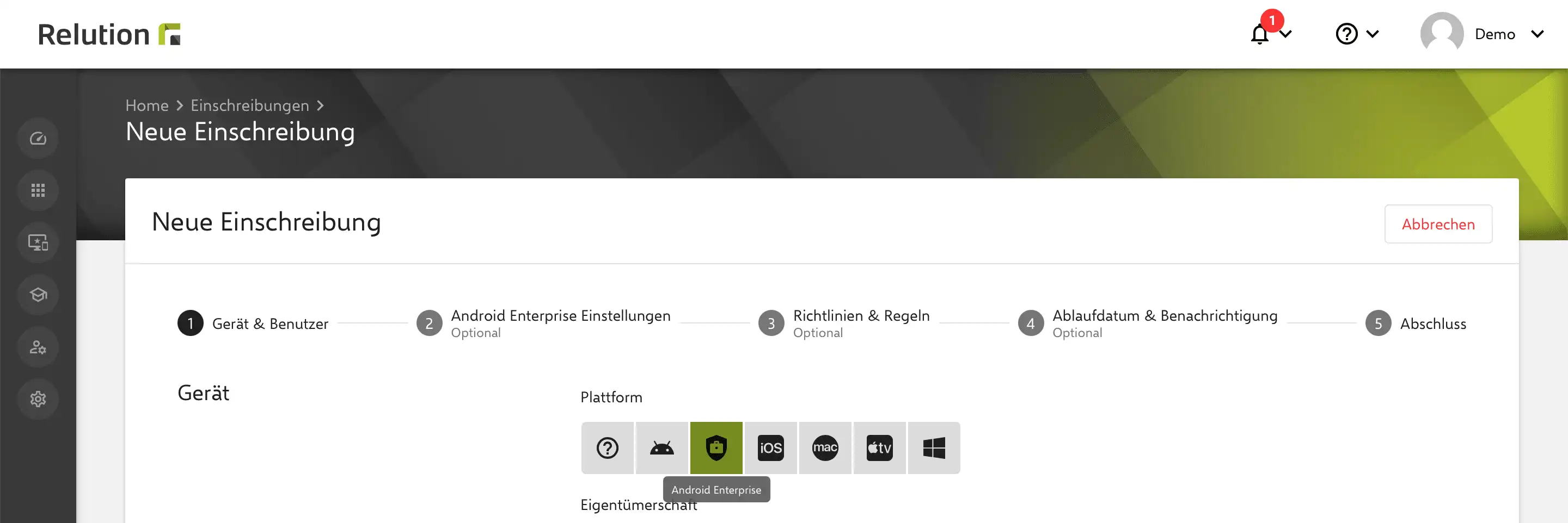 Übersicht des erweiterten Icon-Sets in Relution im Bereich „Neue Einschreibung“ zur verbesserten Darstellung und Benutzerführung