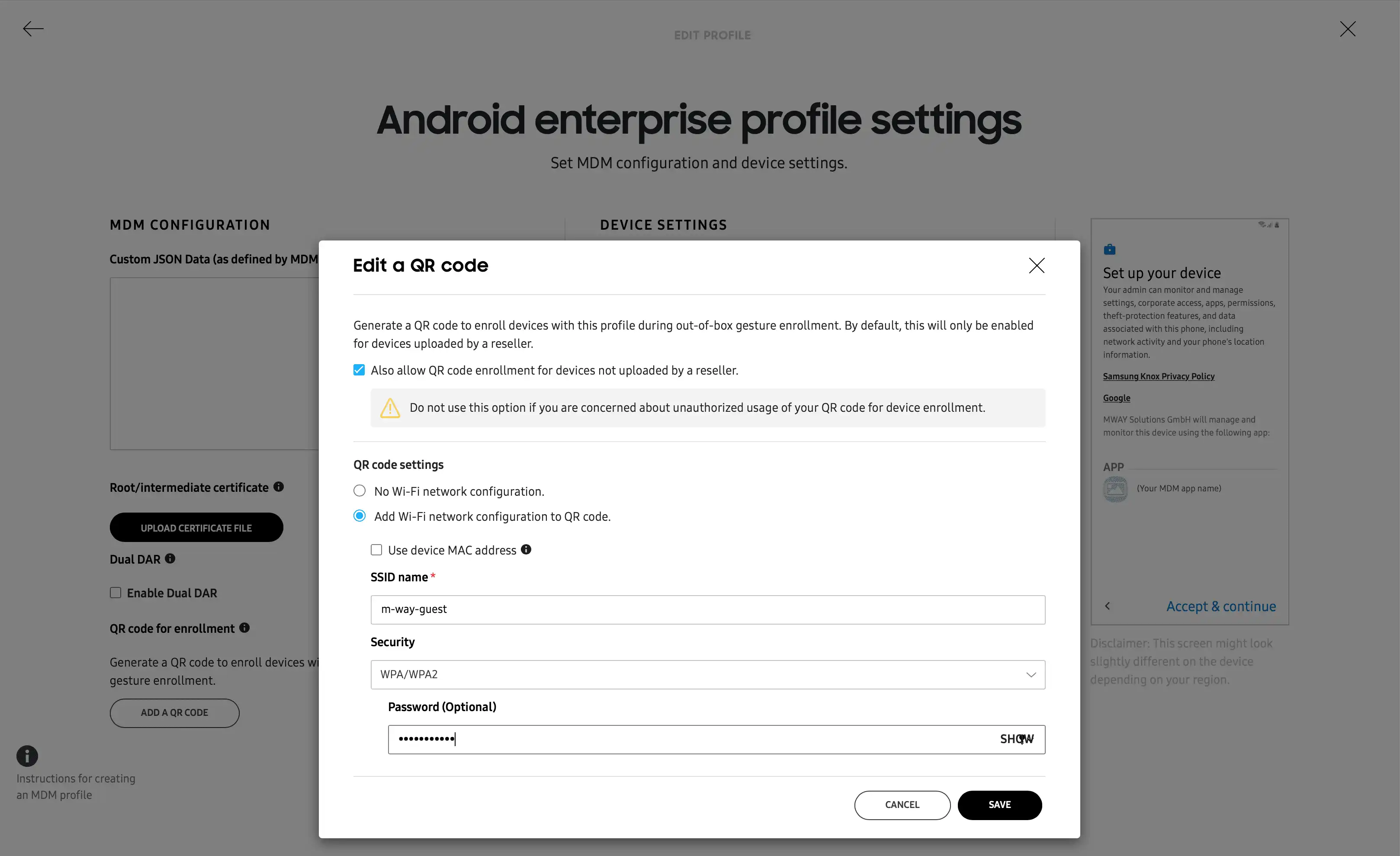 Cihaz yapılandırması sırasında otomatik bağlantı için KME MDM profilinde Wi-Fi yapılandırması içeren bir QR kodu ekleme diyaloğu