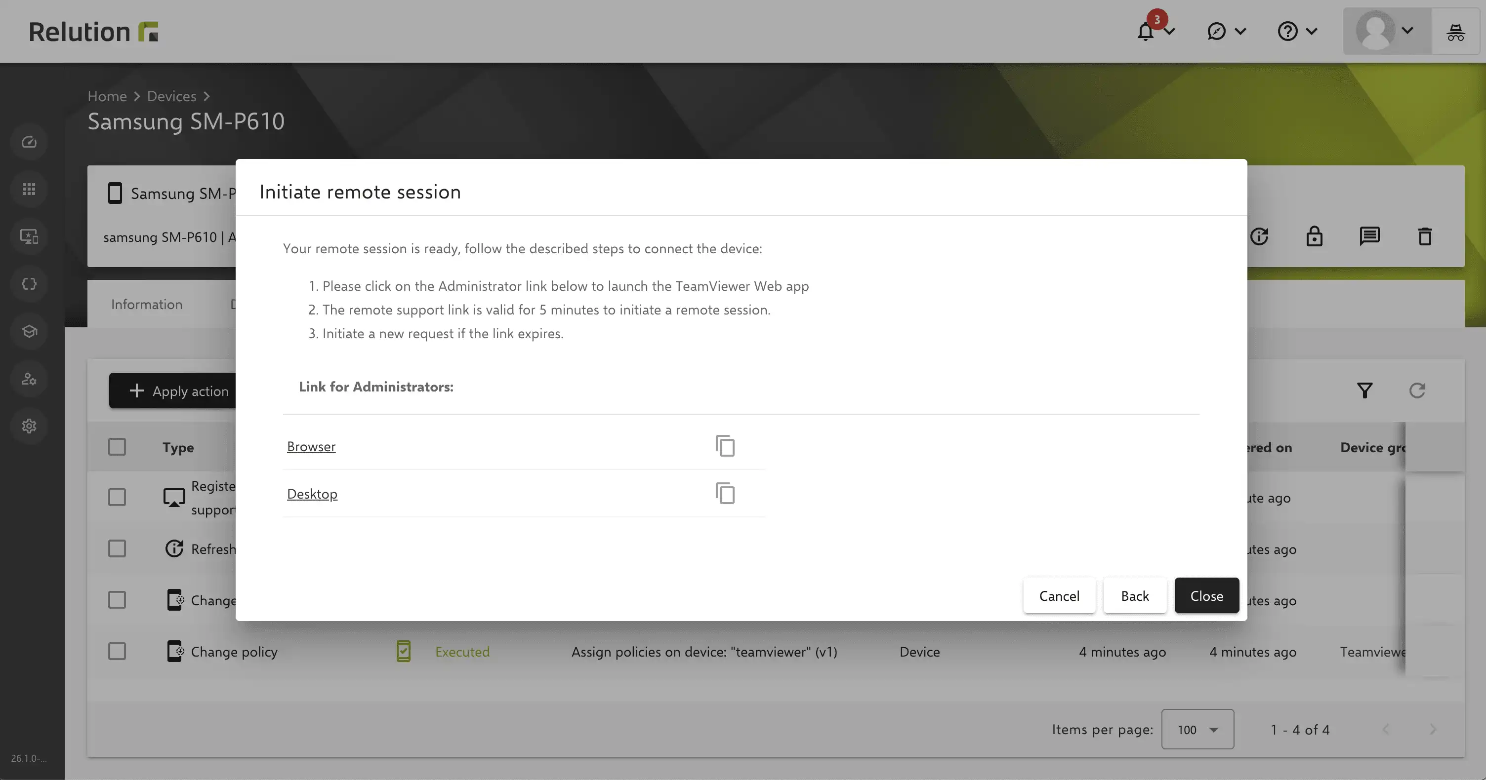 Screenshot dell'interfaccia di Relution con la finestra di dialogo «Avvia sessione remota» e i link di amministrazione (browser, desktop) per avviare una sessione remota con TeamViewer.