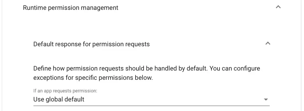 Vista di configurazione in Relution per gestire le autorizzazioni di runtime con opzioni per definirle globalmente, chiedere all'utente, concederle o negarle