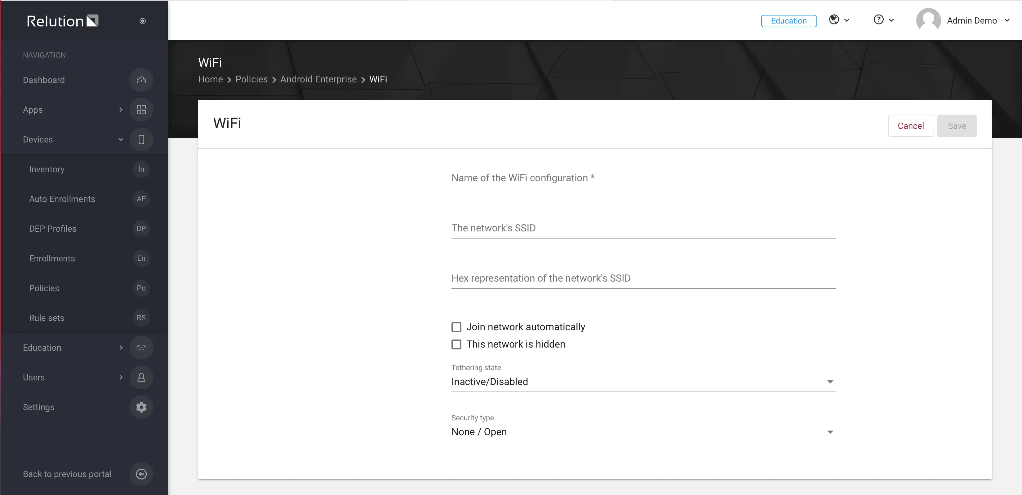 Vista di configurazione in Relution per la preconfigurazione delle reti WiFi sui "Managed Devices" Android Enterprise con impostazioni WiFi tipiche