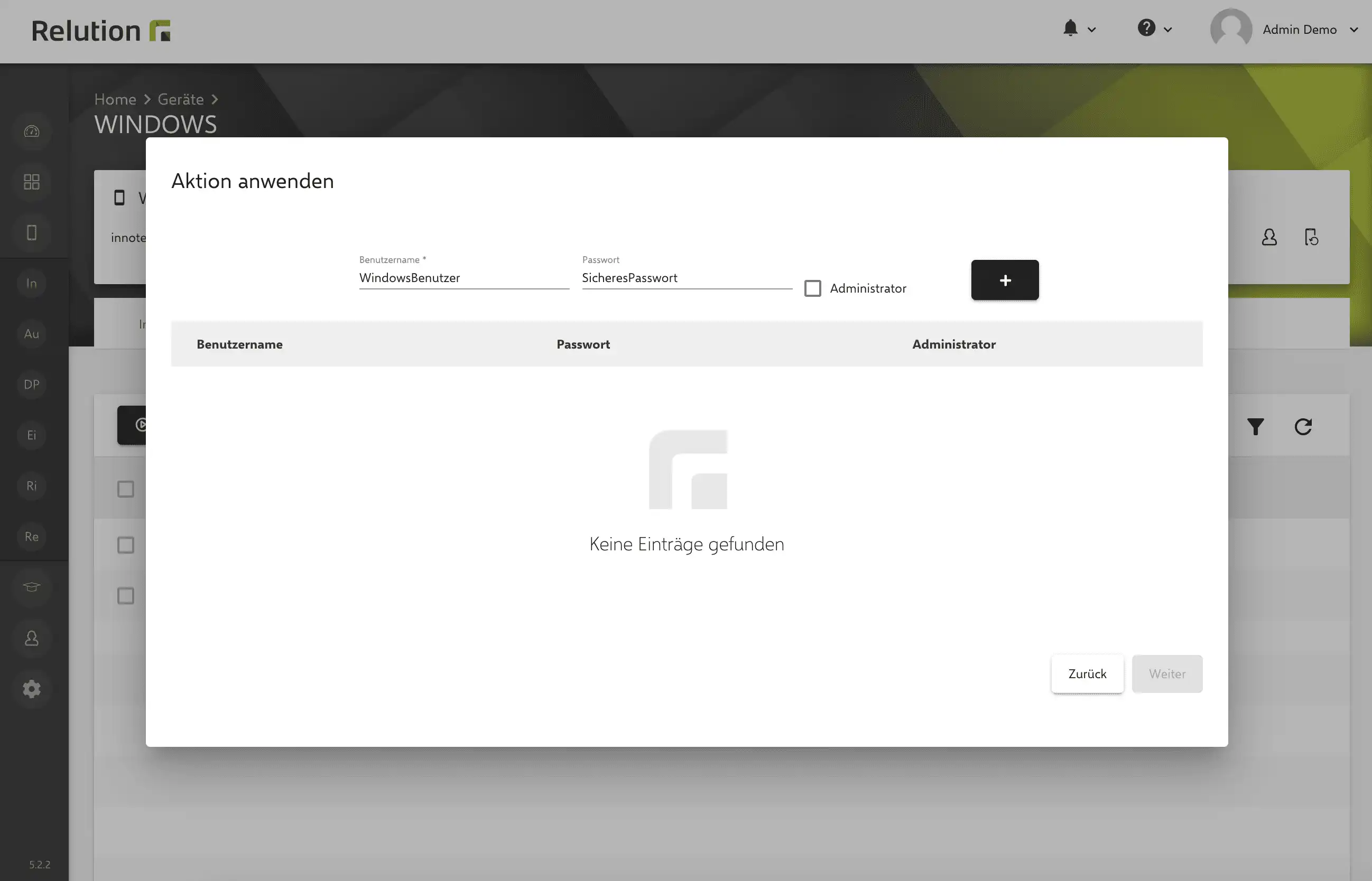 Aktion in Relution zur Erstellung neuer lokaler Benutzerkonten auf Windows-Geräten einschließlich der Möglichkeit, ein initiales Passwort zu setzen und die Kontoart festzulegen