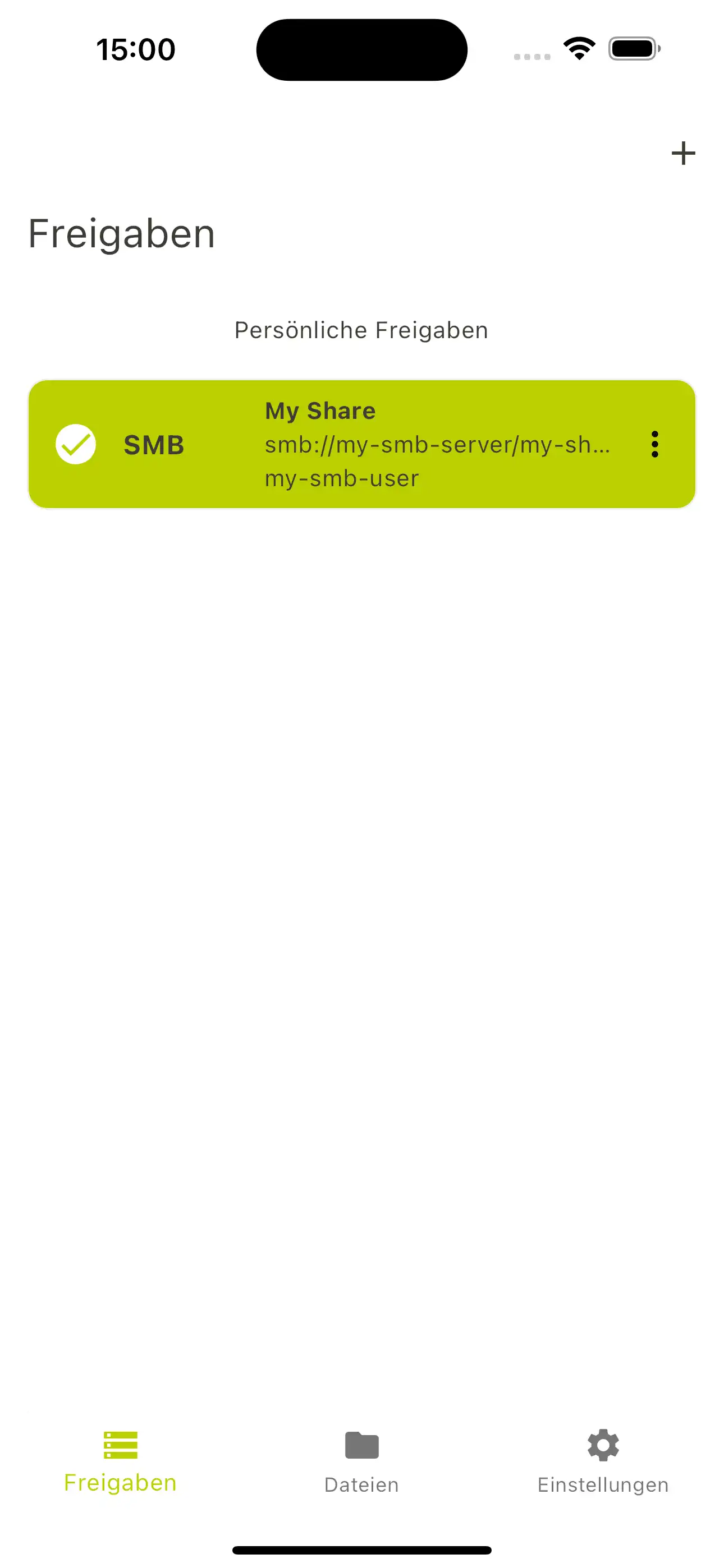 Ein Screenshot aus der Relution App zeigt die Möglichkeit, konfigurierte Relution Shares in anderen Apps zu nutzen
