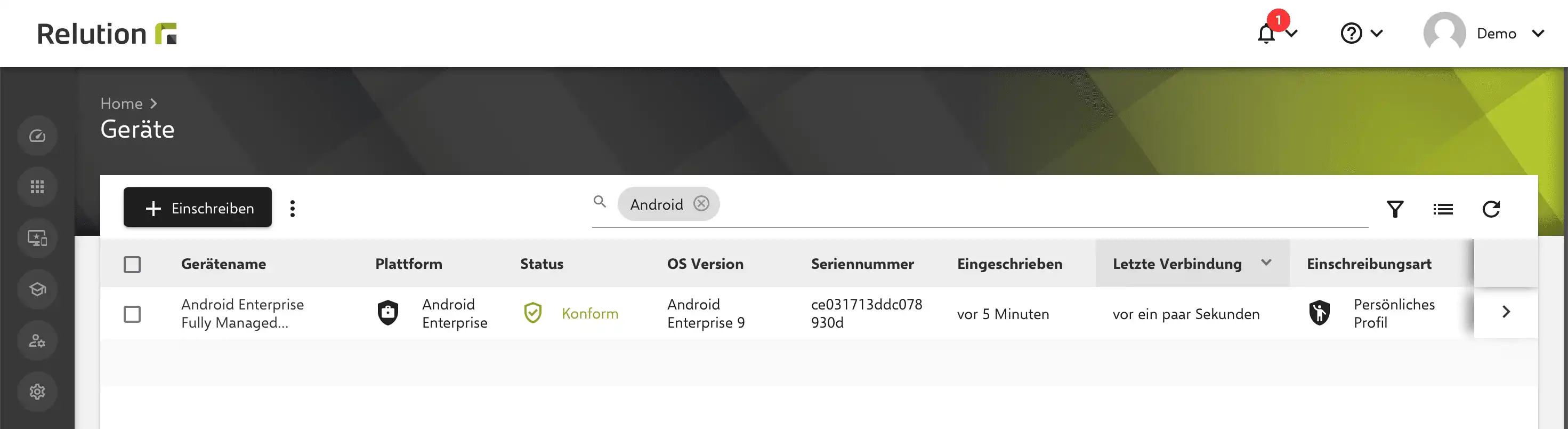Ansicht der Gerätedetails in Relution zur Überprüfung der Erlaubnis für ein persönliches Profil