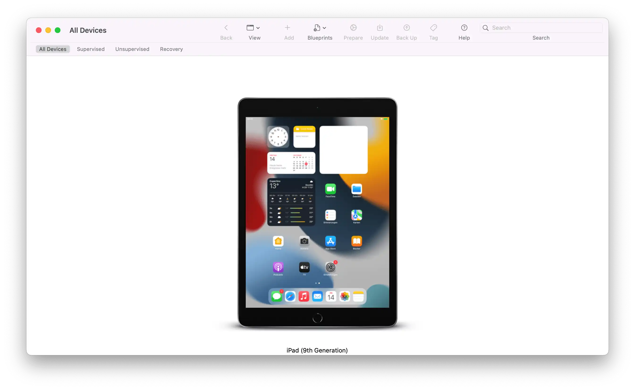 Pantalla de inicio de un iPad tras el desbloqueo para la gestión a través de Apple Configurator