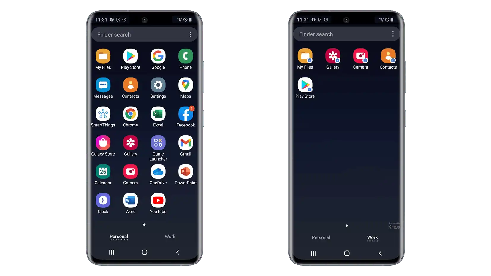 Visualización de dos dispositivos Android con pantallas de inicio divididas en las secciones « Personal » y « Trabajo », con opción de cambio en la parte inferior de la pantalla