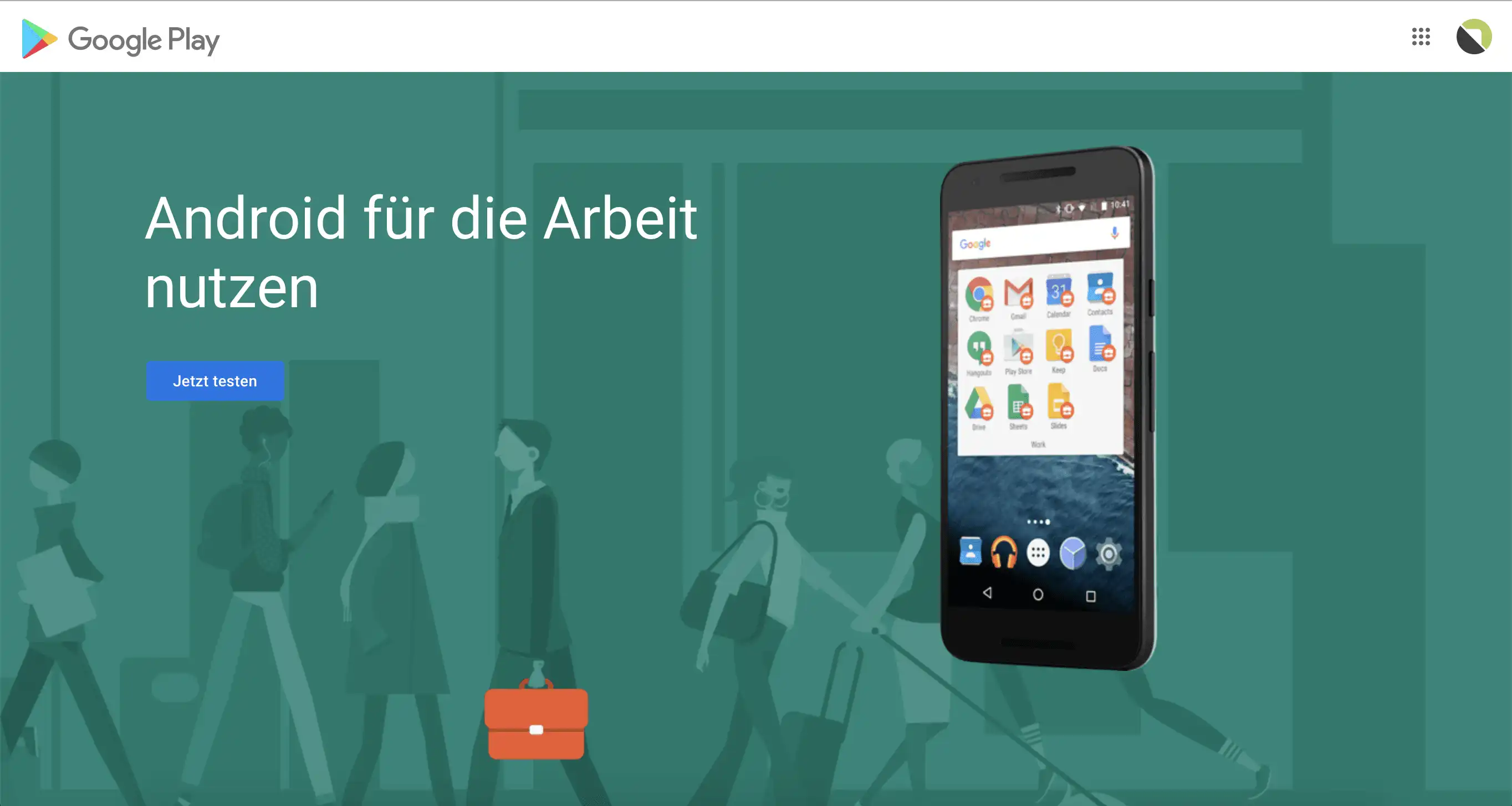Darstellung eines Mobiltelefons mit sichtbaren Google Apps und der Beschriftung „Android für die Arbeit nutzen“ links daneben