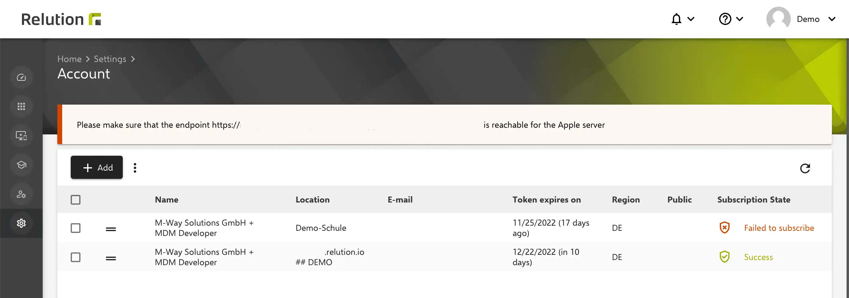 Automatic initialization of VPP tokens with the status "Subscription failed" in the Relution portal