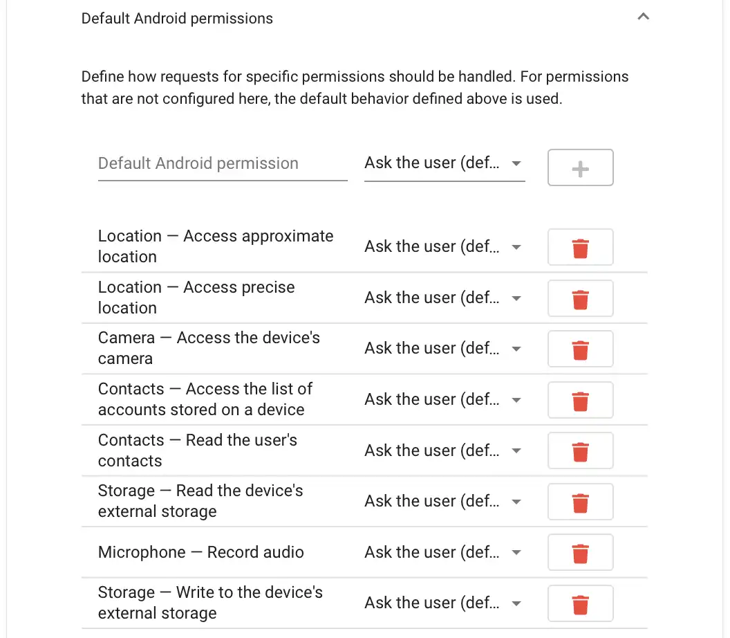 Interfaccia di configurazione in Relution per gestire le autorizzazioni predefinite di Android, consentendo di impostare risposte individuali per ogni autorizzazione