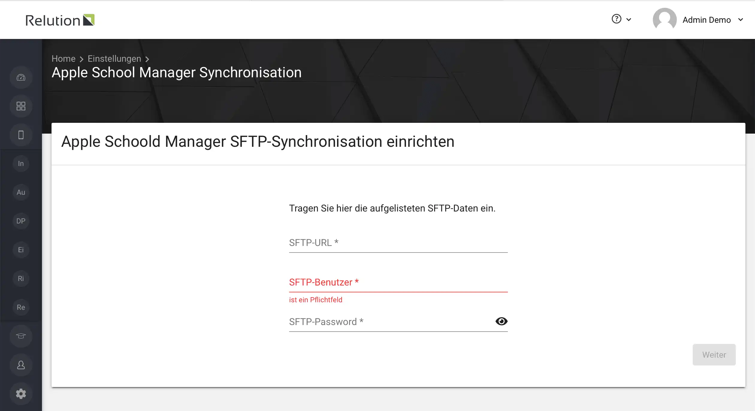 Schritt zur Einrichtung der SFTP-Synchronisation in Relution für den Apple School Manager zur Synchronisierung von Klassen und Benutzern