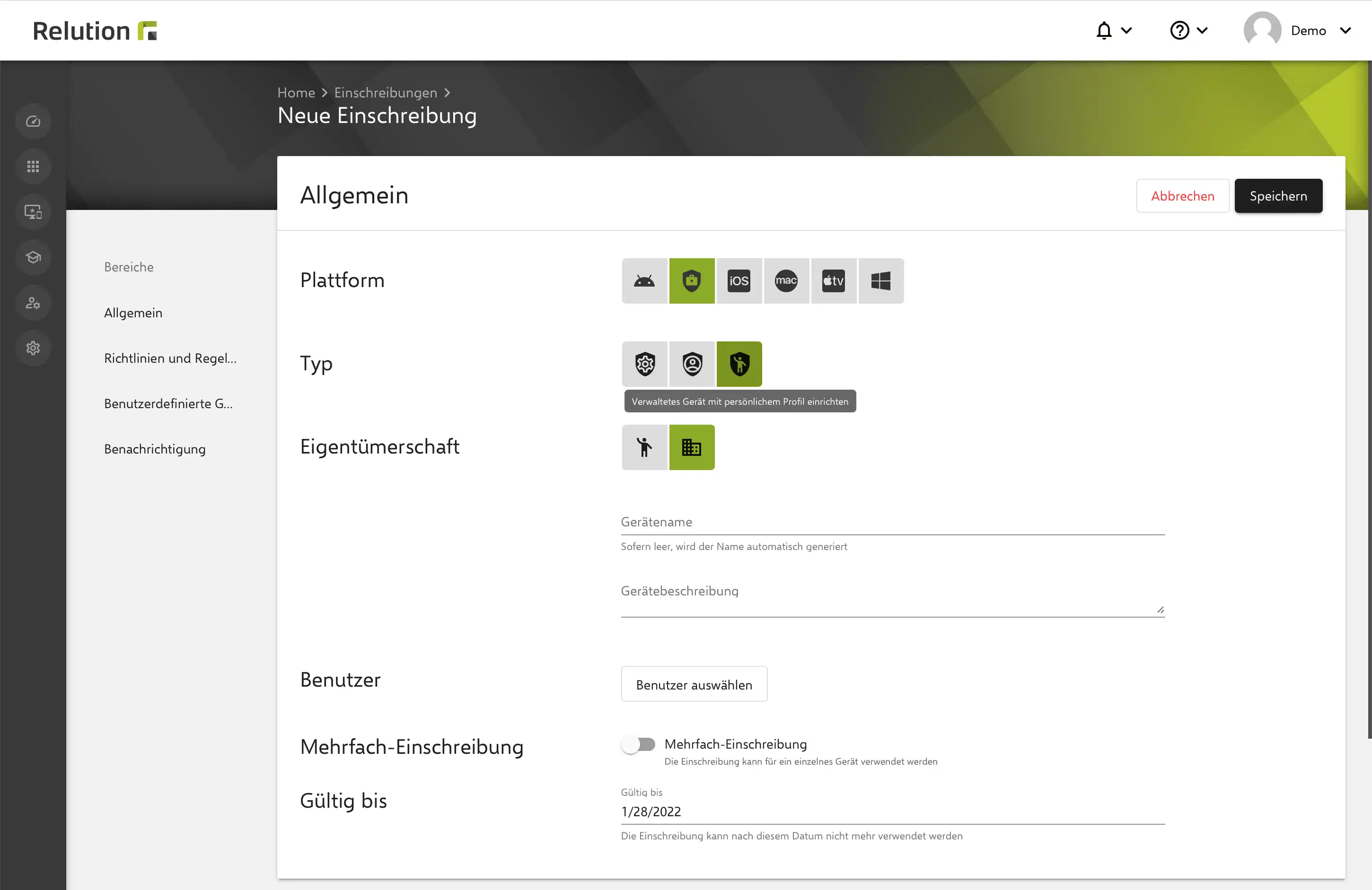 Ansicht der Relution-Einschreibung mit der Option, den Typ „Verwaltetes Gerät mit persönlichem Profil“ unter Android Enterprise auszuwählen