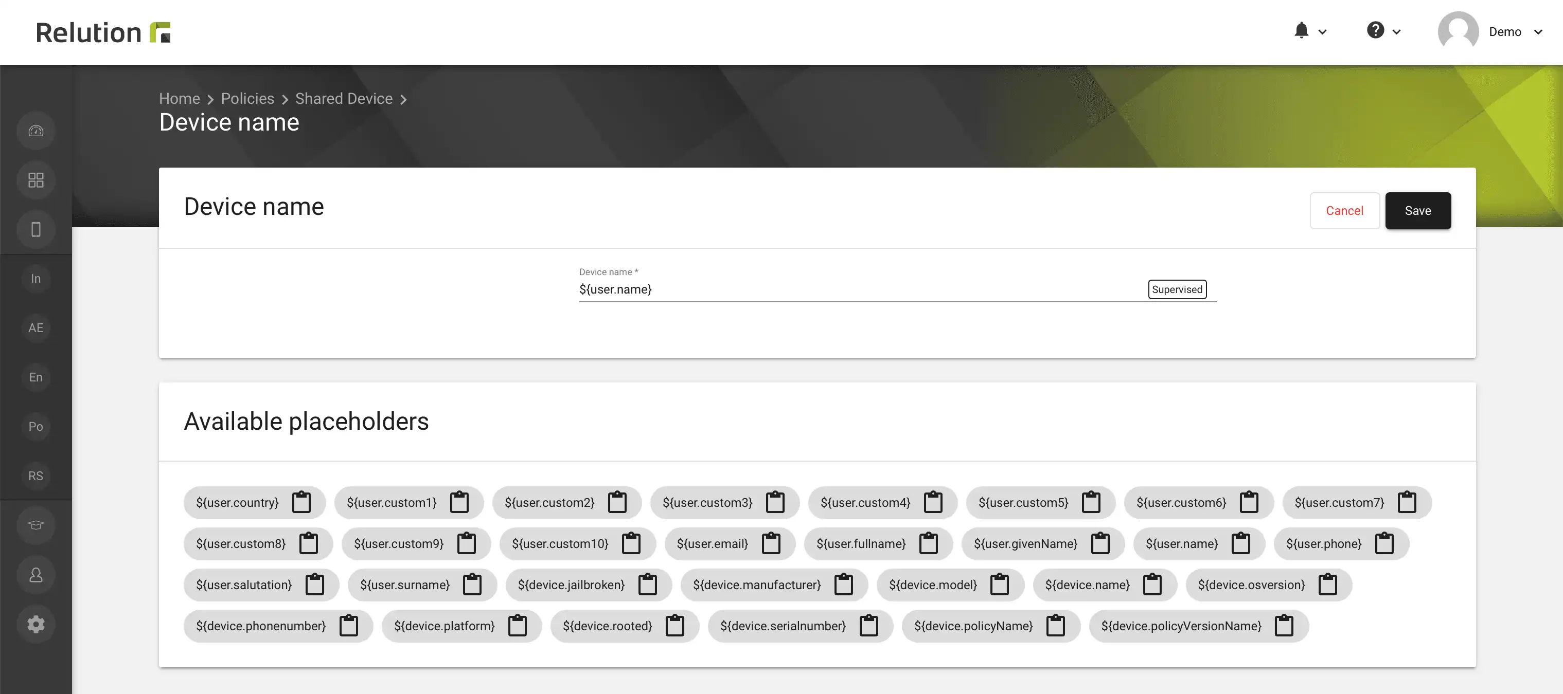 Configurazione delle politiche in Relution per personalizzare dinamicamente i nomi dei dispositivi iOS, macOS e tvOS supervisionati utilizzando opzioni segnaposto