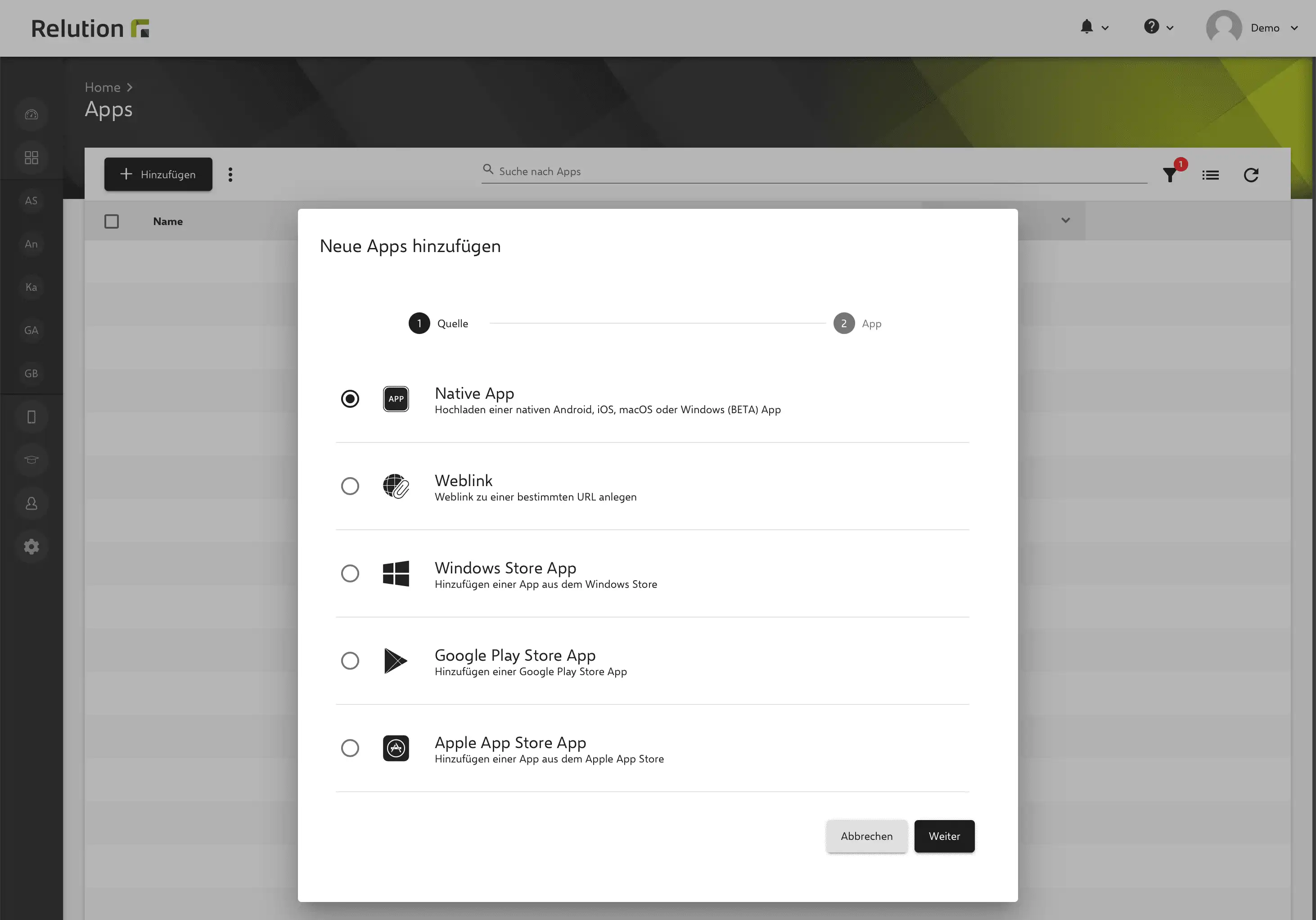 Bereich „Neue Apps hinzufügen“ in Relution mit Auswahl einer nativen Windows App zur Verwaltung