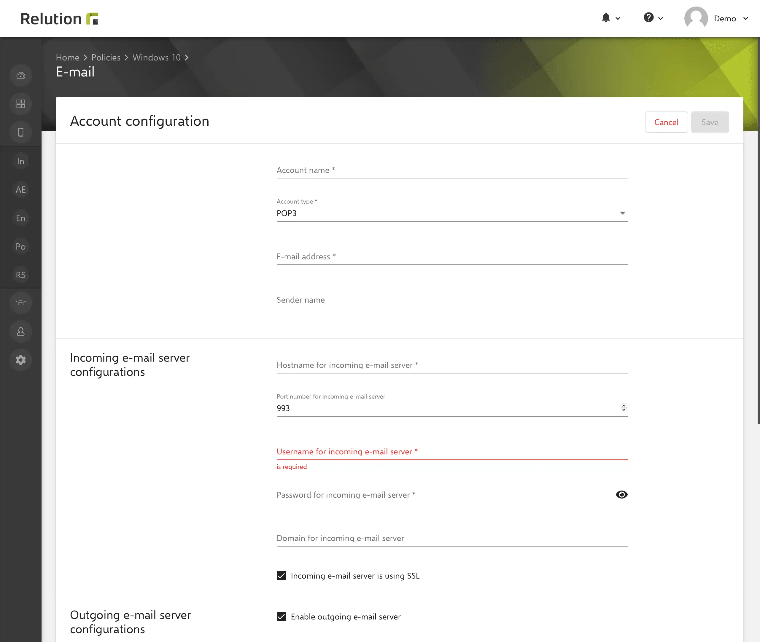 Opzioni di configurazione in Relution per configurare account email su dispositivi Windows, che possono essere preconfigurati centralmente per più utenti