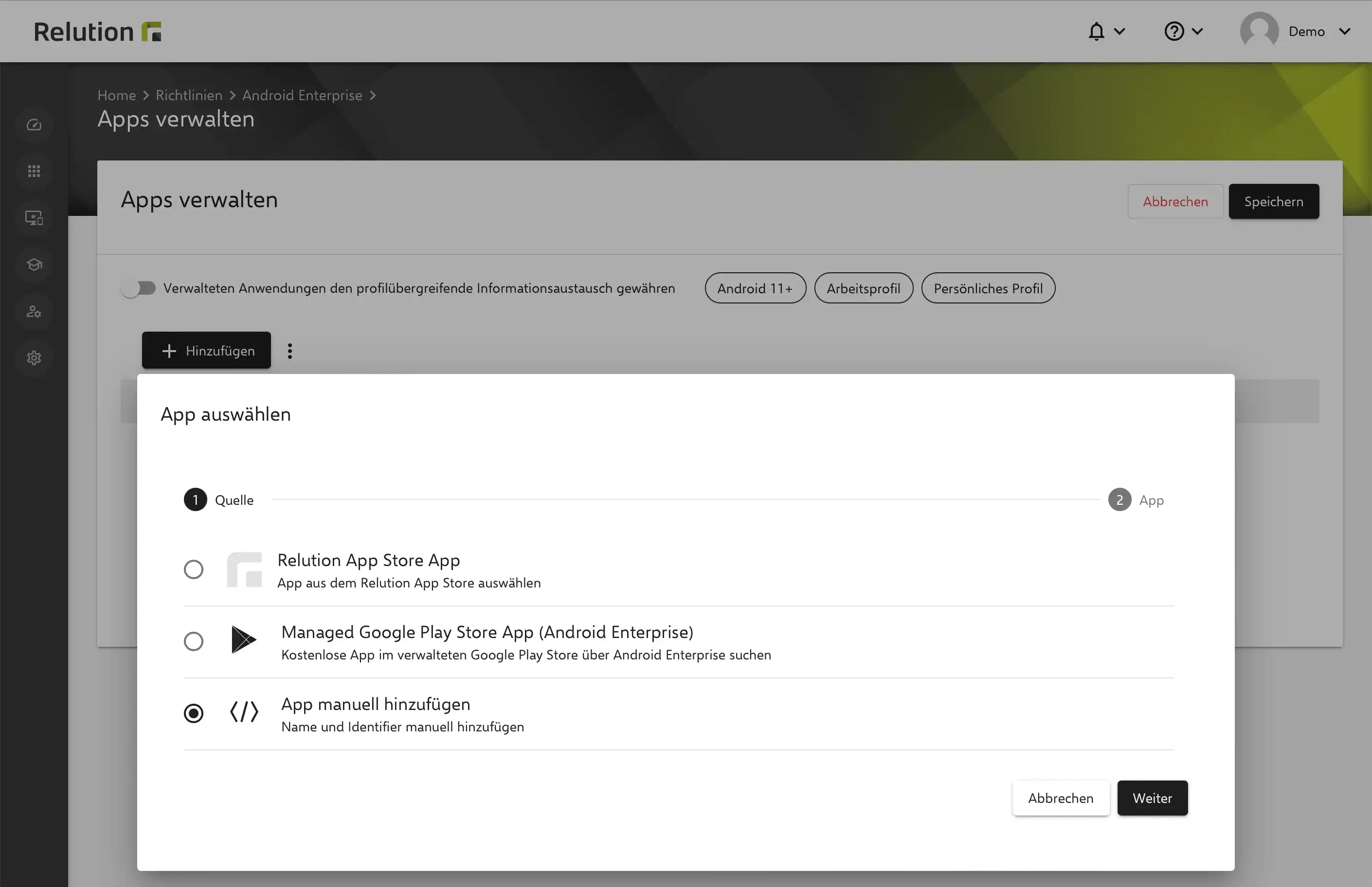 Ansicht der Relution Konfiguration „Apps verwalten“ zur manuellen Hinzufügung von System-Apps für Android Enterprise-Geräte, einschließlich Unterstützung für den "Kiosk Modus"