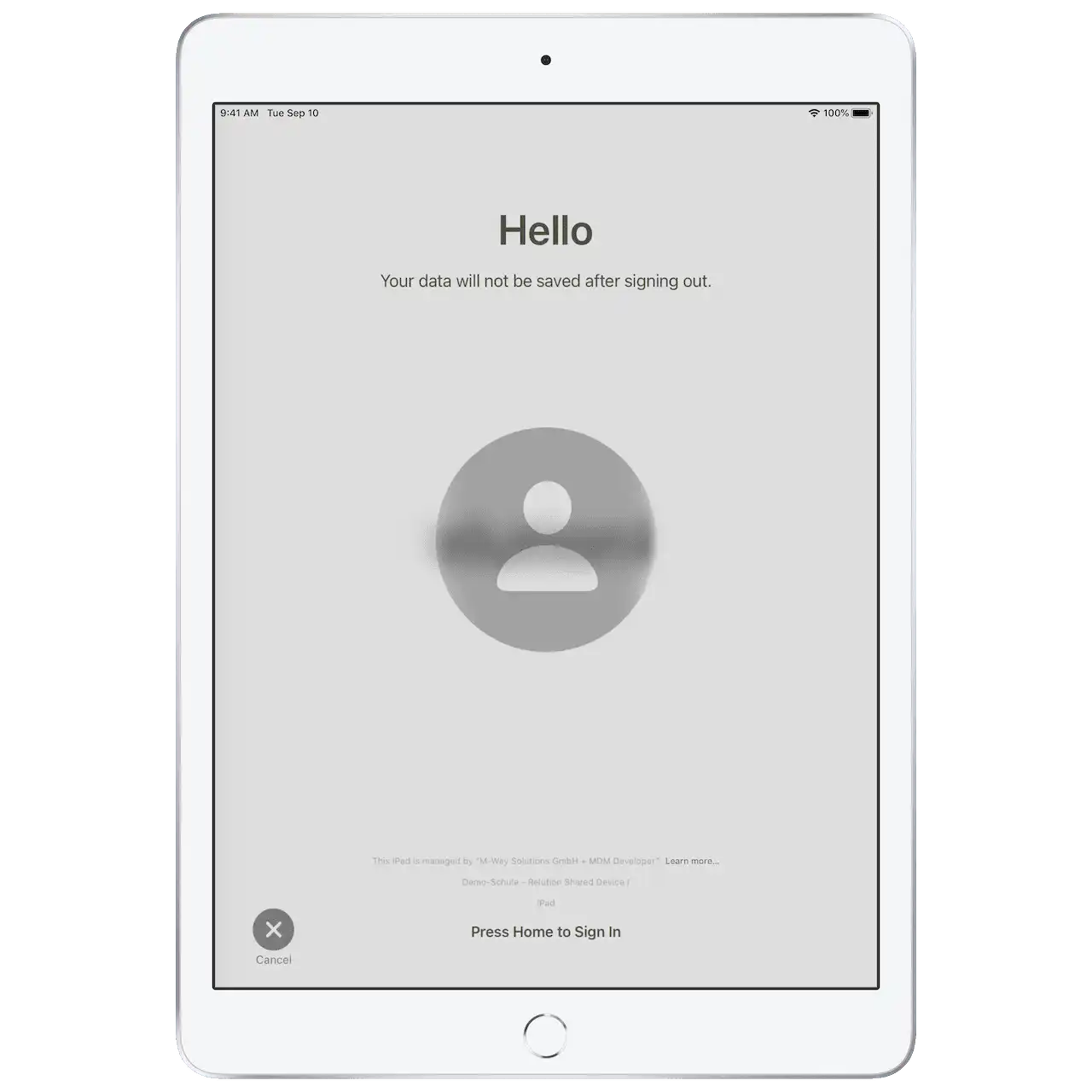 Pantalla de bienvenida en un dispositivo en modo Relution Shared Device activado con un aviso de que los datos no se guardarán después de cerrar la sesión