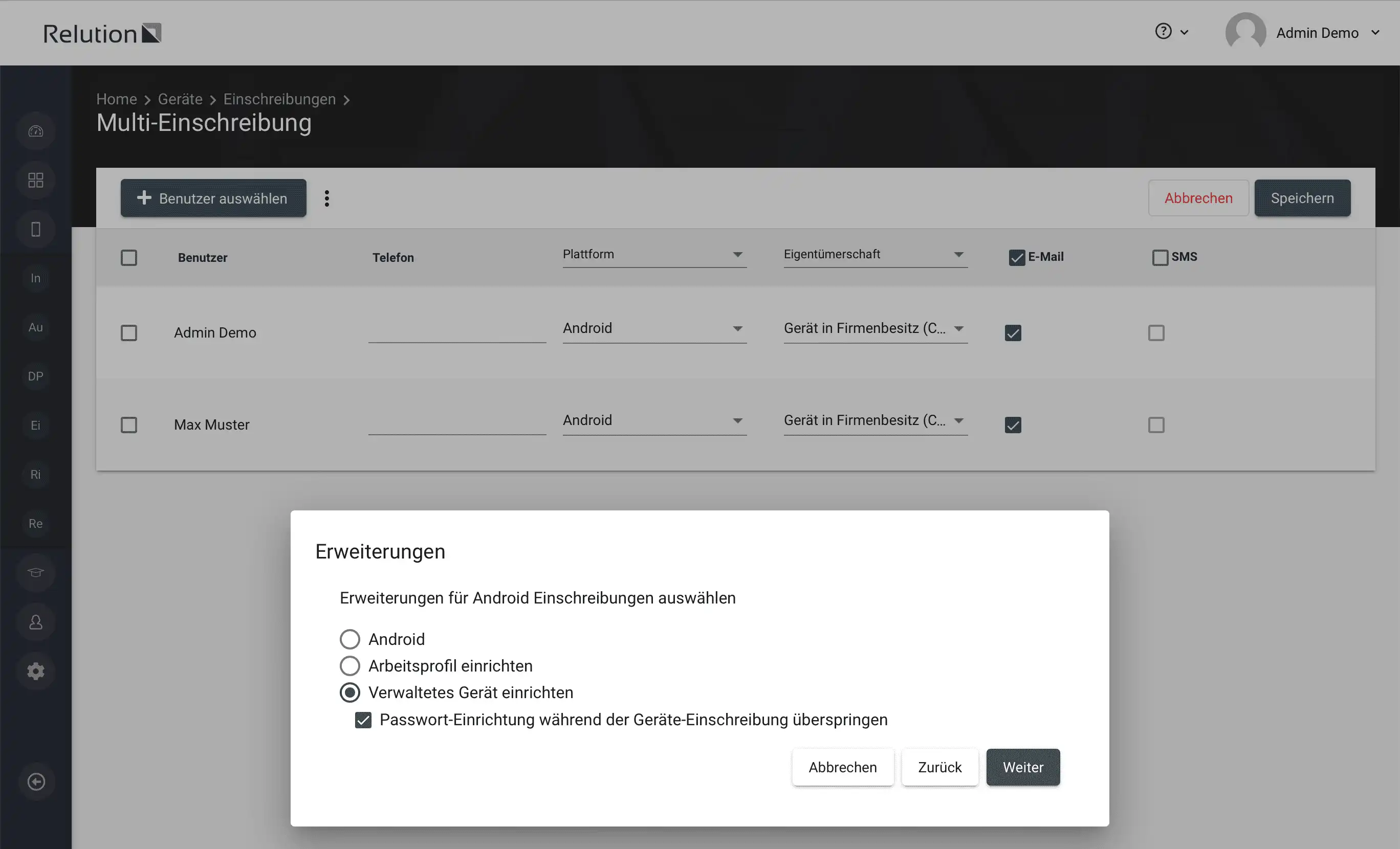 Checkbox-Option für die Einrichtung von Android Enterprise Geräten zur Überspringung der Passwort- oder Musterabfrage während des Einschreibeprozesses
