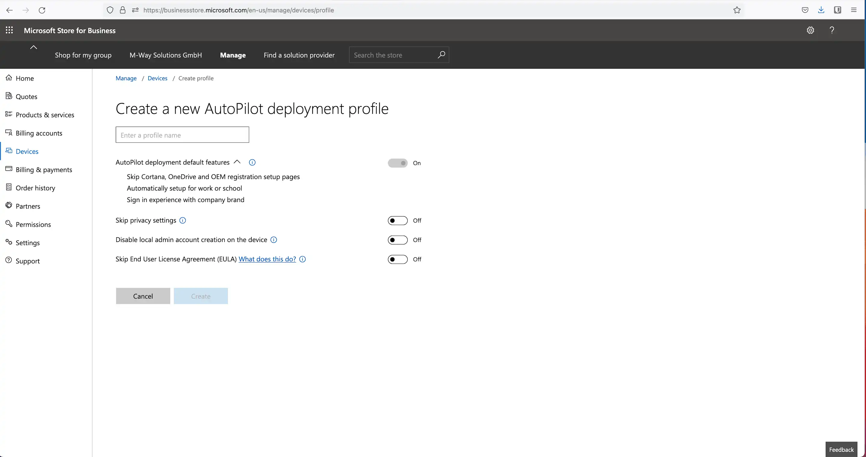 Vista del Microsoft Store for Business para crear un perfil de Autopilot con configuración opcional: omitir ajustes de privacidad, términos de licencia y desactivar la cuenta de administrador local