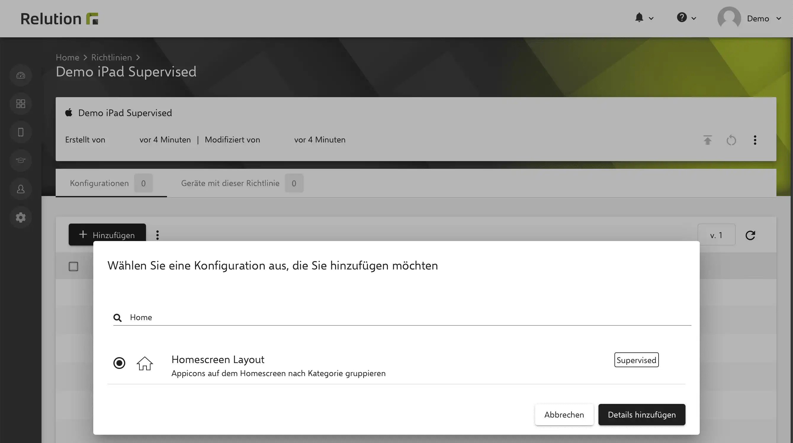 Konfiguration „Homescreen Layout“ in Relution zur Remote-Anpassung der Anordnung von App-Icons und Weblinks auf iOS-Geräten, speziell für Schülergeräte
