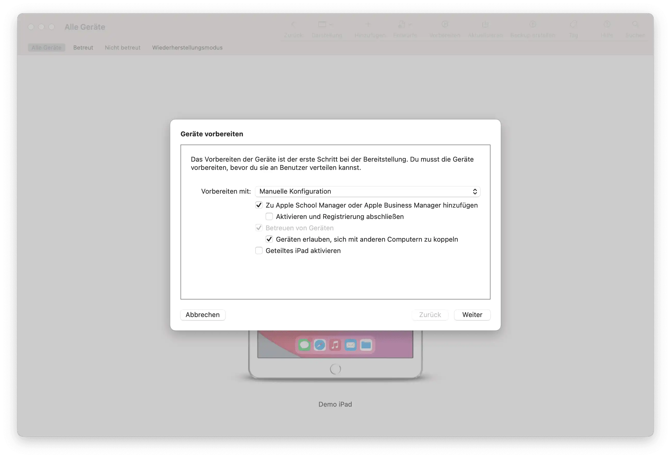 Dialog zur Vorbereitung im Apple Configurator 2 mit Auswahlmöglichkeiten für die Einschreibung und Konfiguration neuer Geräte