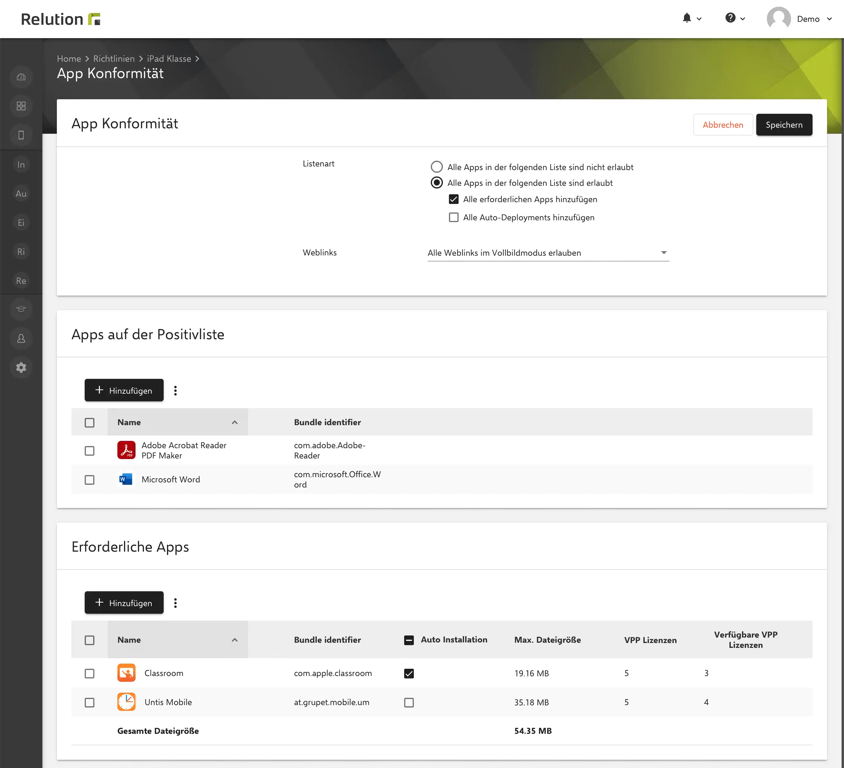 Konsolidierung mehrerer App Konformitäten in Relution mit zusammengefassten Einstellungen für Blocklist, Allowlist und erforderliche Apps auf iOS/macOS/tvOS Geräten