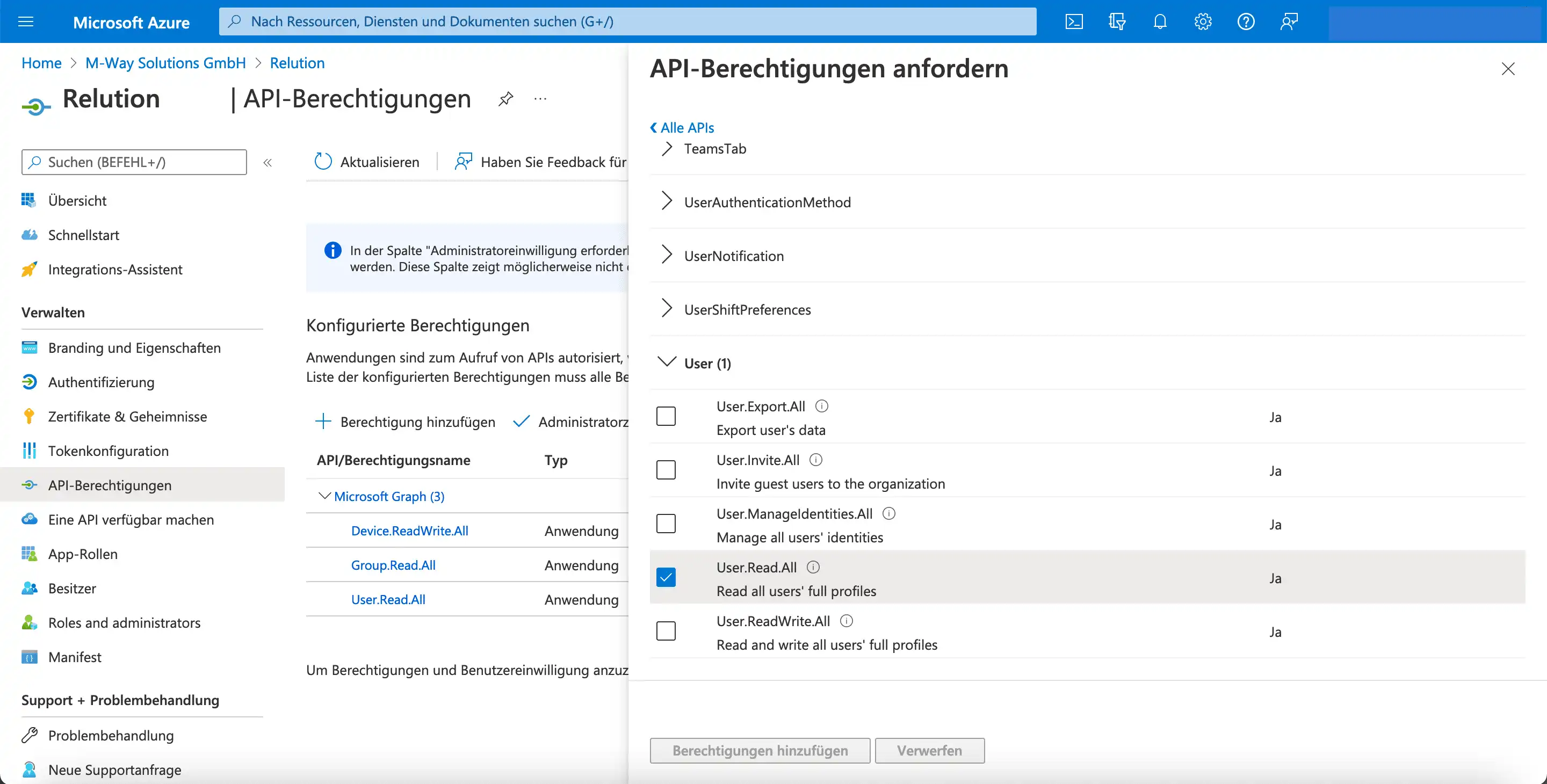 Einstellungsbereich in Microsoft Azure zur Konfiguration von API-Berechtigungen mit Auswahl der Option „User.Read.All“ unter „User“