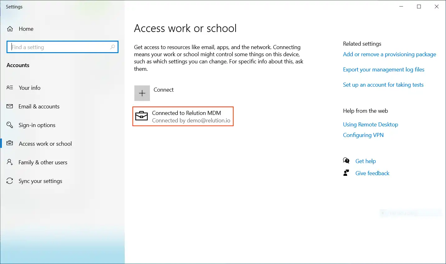 Screenshot delle impostazioni di Windows sotto « Gestisci account di lavoro o scuola » che mostra la registrazione riuscita con il server MDM di Relution