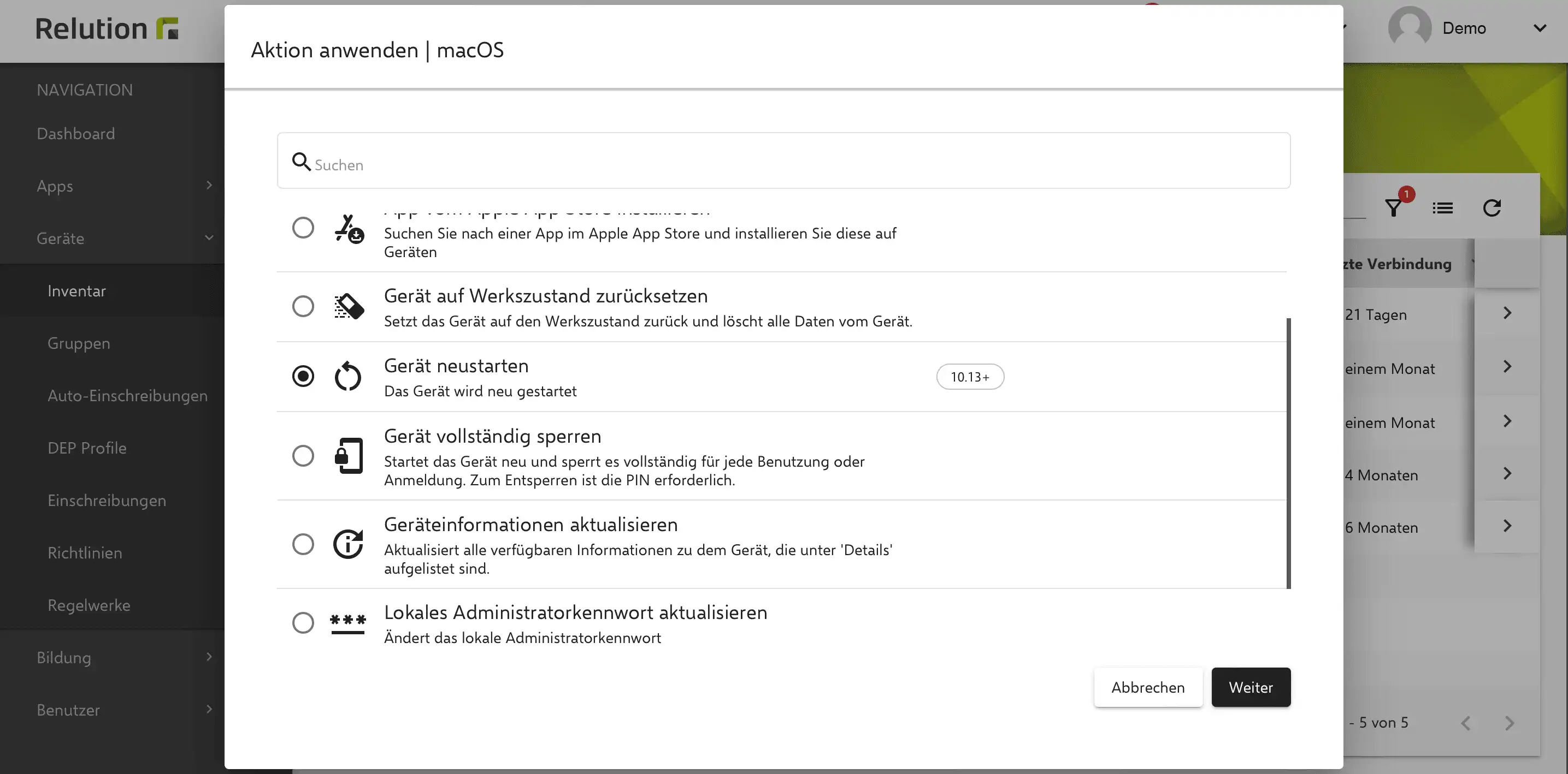 Aktion „Gerät neustarten“ in Relution zur Fernsteuerung von Reboot und Shutdown auf macOS-Geräten