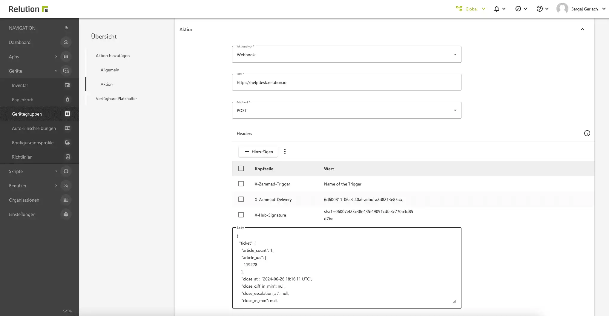 Rappresentazione in Relution per configurare i webhooks come azioni nei gruppi di dispositivi per abilitare automazioni con sistemi di terze parti