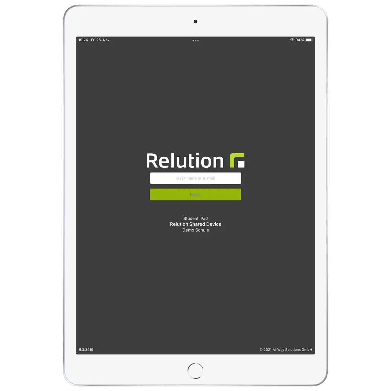 Login screen for Relution Shared Device Mode with an input field for user names