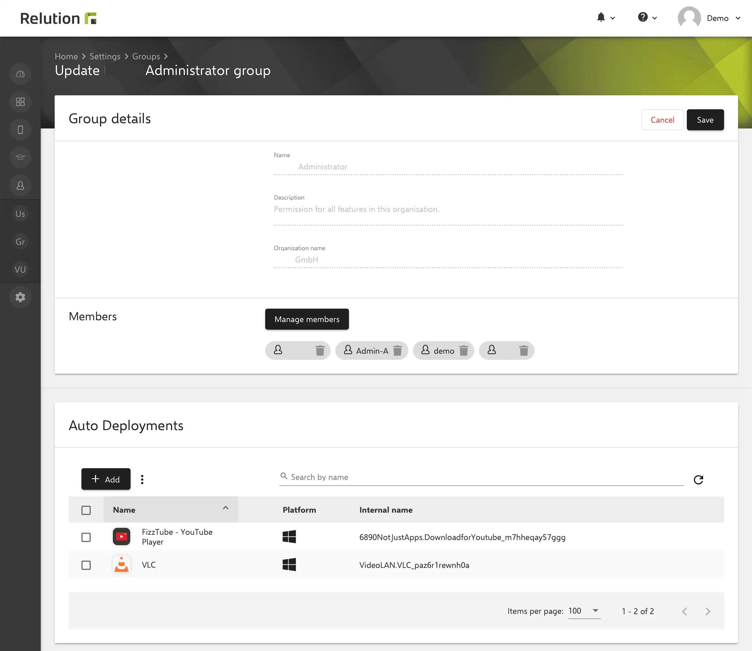 "Apply action" in Relution with selection of imported Windows apps from the Relution App Store
