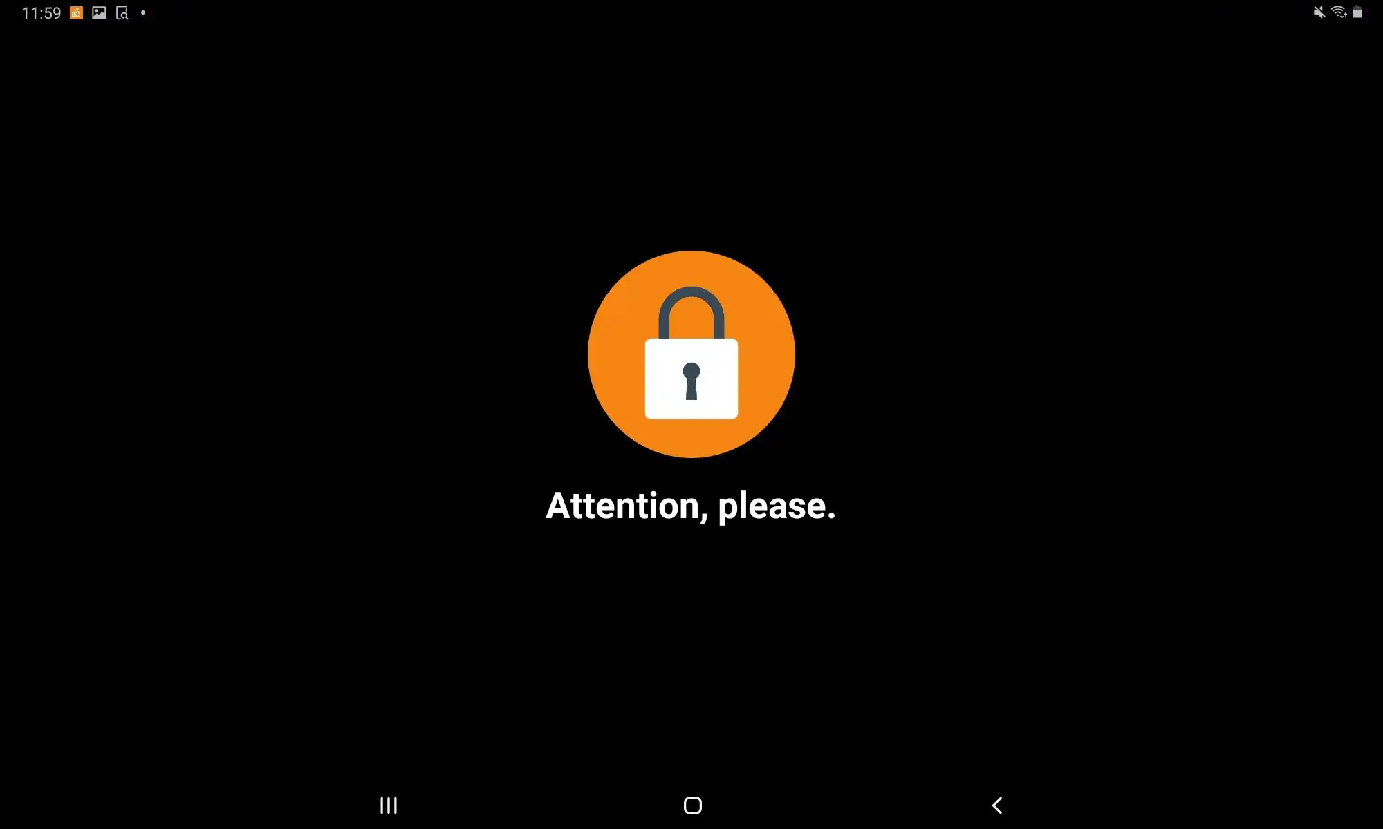 Función « Pantalla bloqueada » en la aplicación Samsung Classroom Management con un mensaje claramente visible de « Atención, por favor » y un icono de candado cerrado