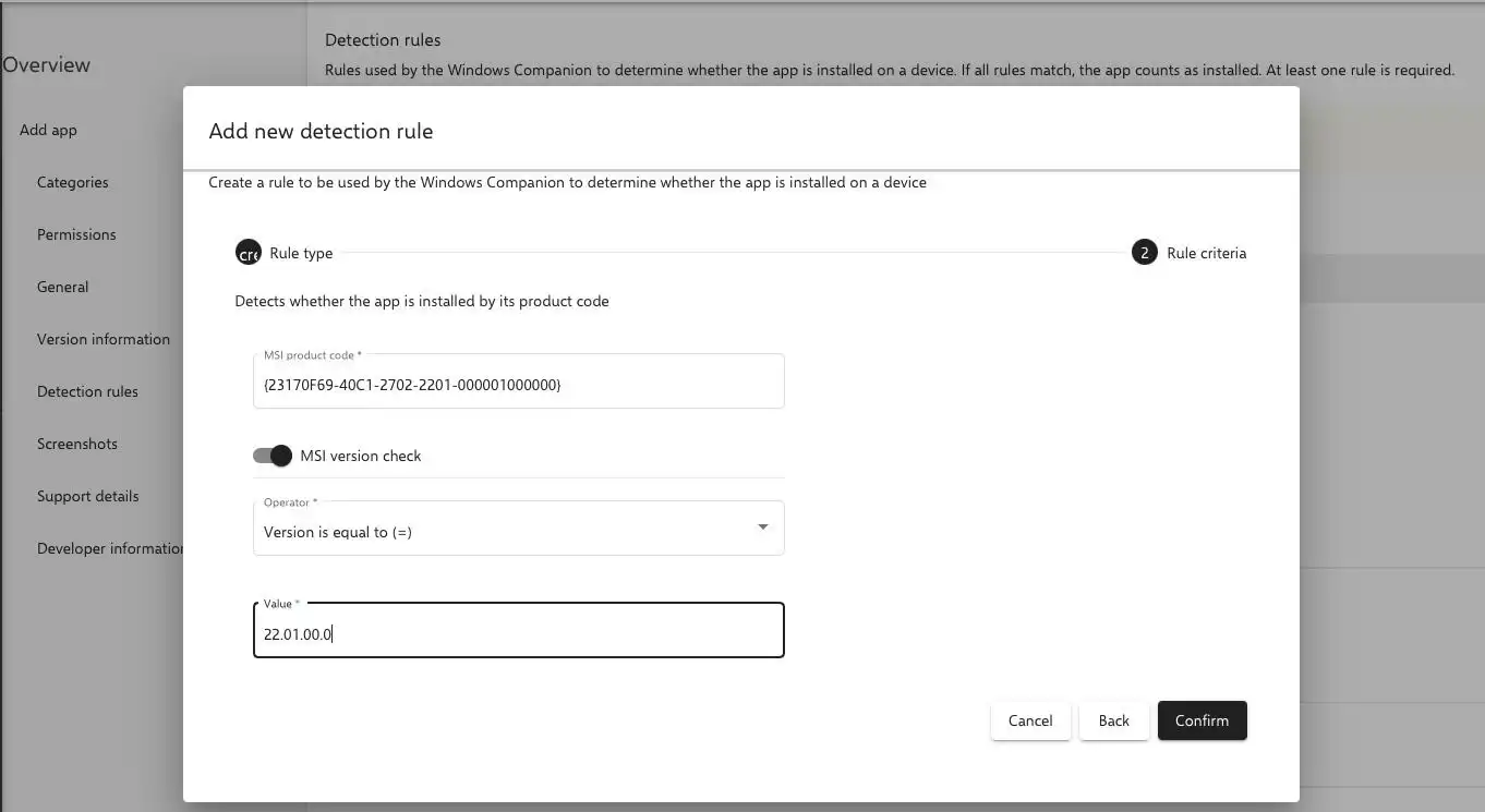 Configuración de la regla de detección MSI en Relution con la introducción del código de producto MSI y la opción de activar la « Comprobación de versión MSI » para especificar un número de versión único utilizando el operador « Version is equal »