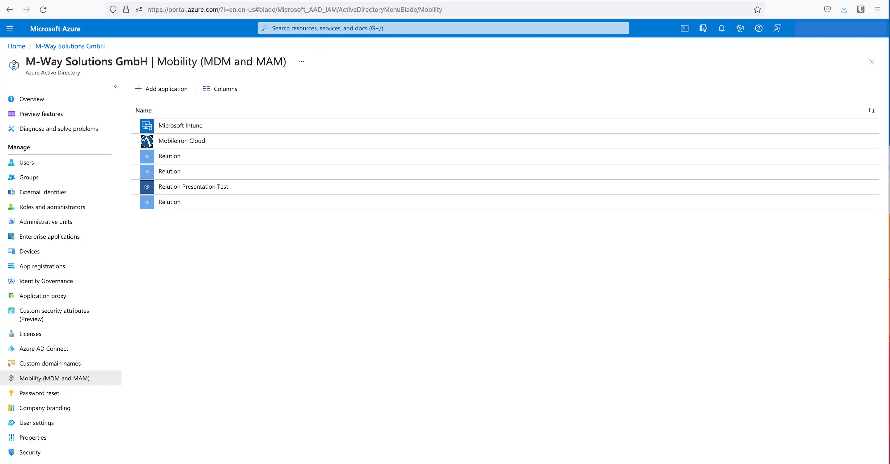 Sección « Movilidad (MDM y MAM) » en Azure con la opción de agregar y activar una aplicación MDM