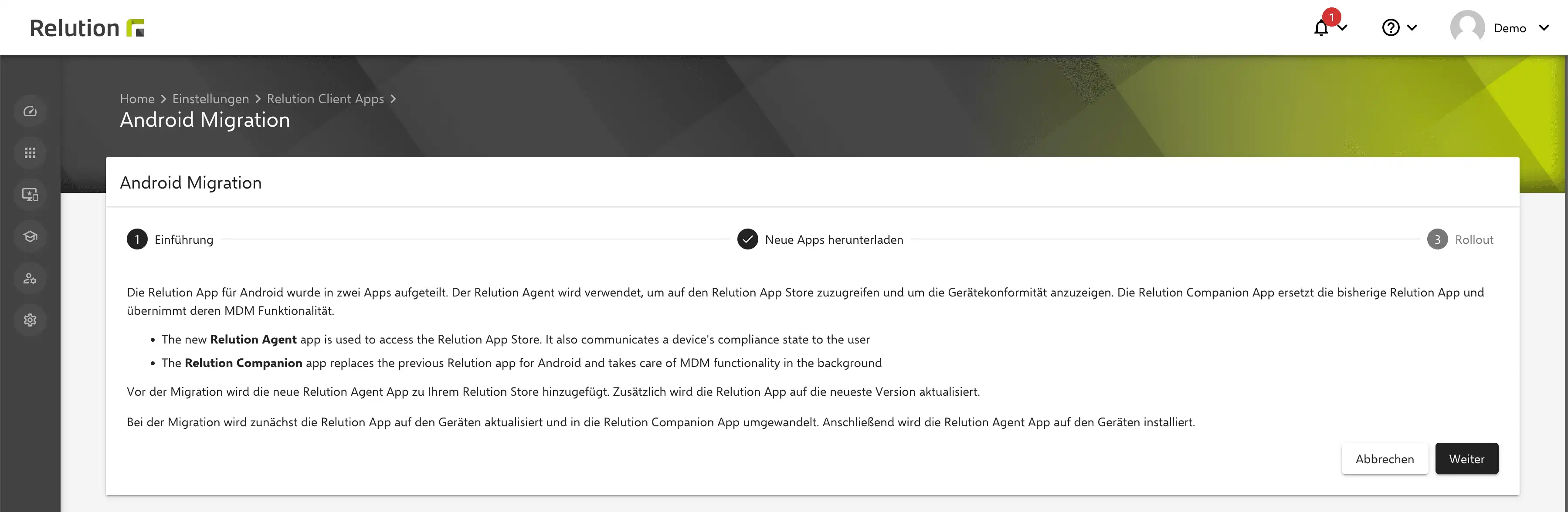 Relution-Portal im Bereich Einstellungen für Relution Client Apps Android Client mit einer Anleitung, die schrittweise durch die Android-Migration führt.